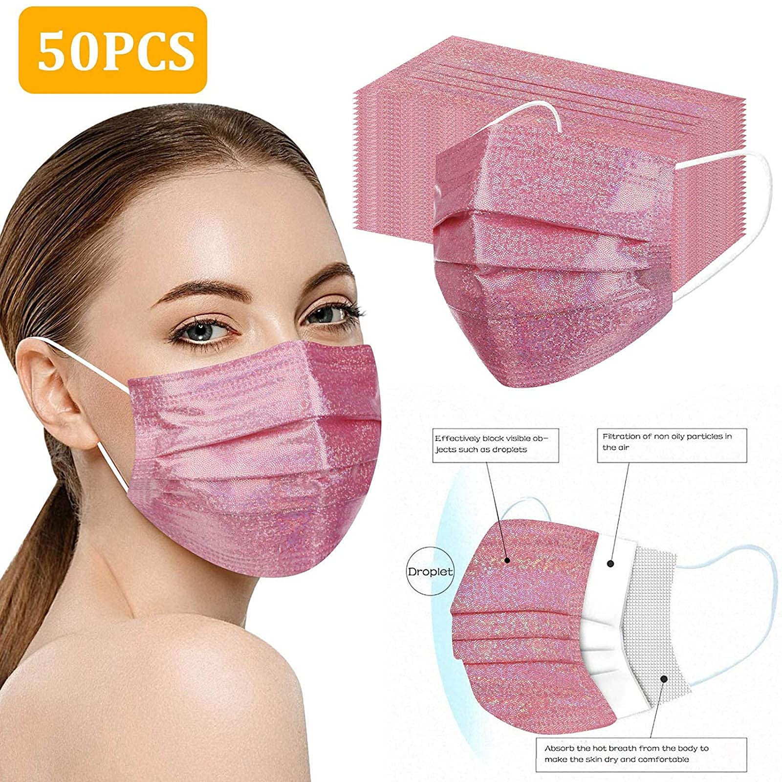 50PCS Pink Glitter Disposable Face Mask, 3 Ply Breathable Fashion Masks for Adults Women Full Face Protection (Pink)