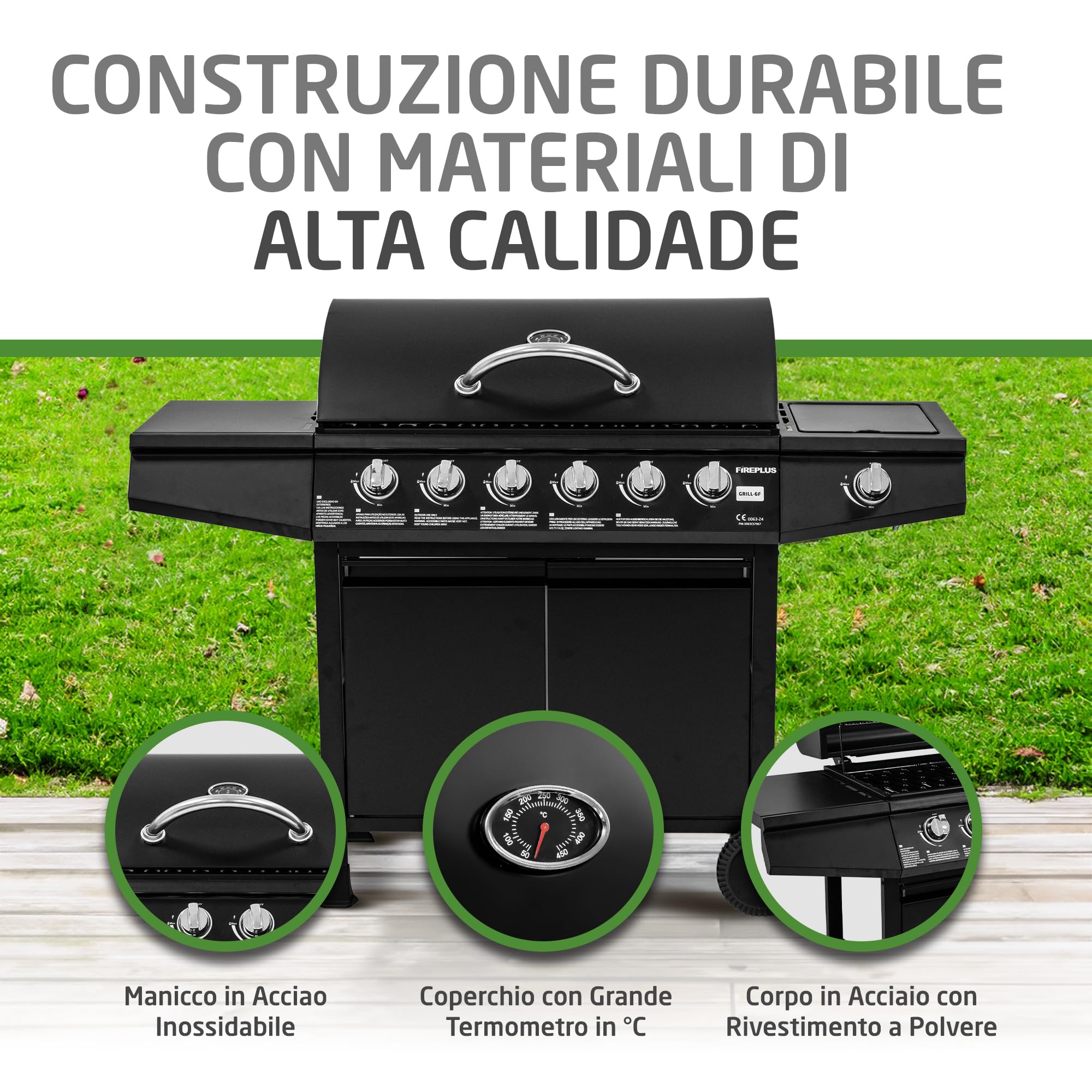 Barbecue a gas Fireplus 6+1 12,9 kW Acciaio inox nero GRILL-6F 7 bruciatori 138x52x103 cm
