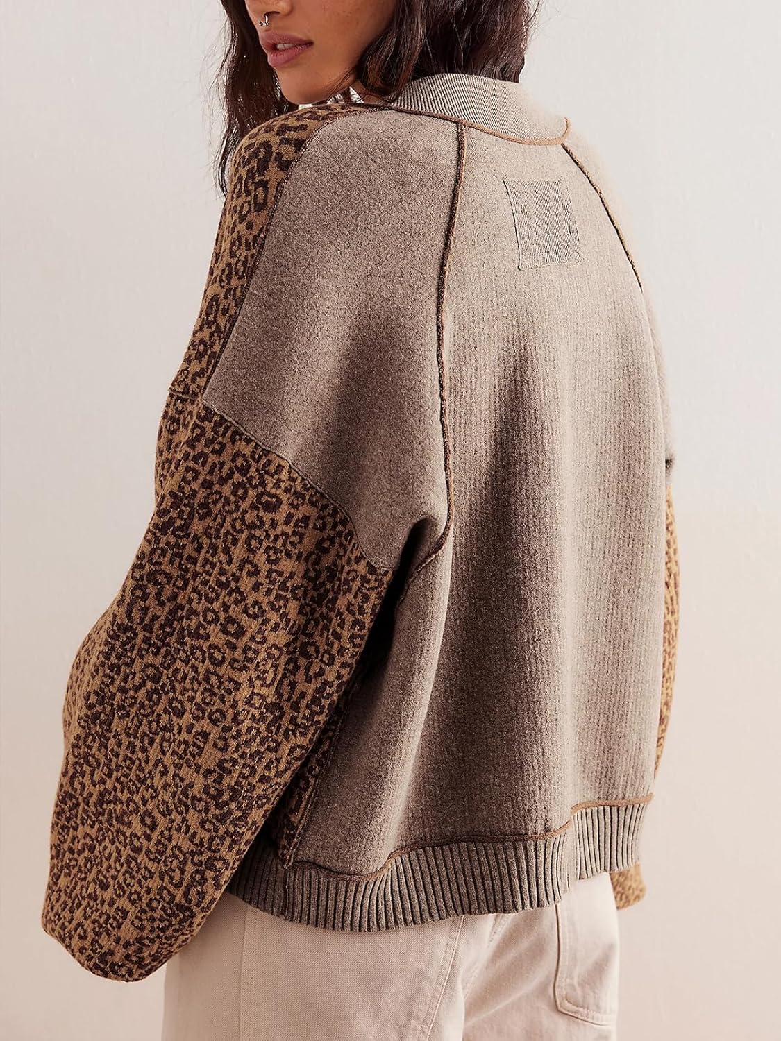 Women's Casual Leopard Print Jacket Crew Neck Long Sleeve Loose Fit Button Coat Fall Trendy Bomber Cardigan - Image 5