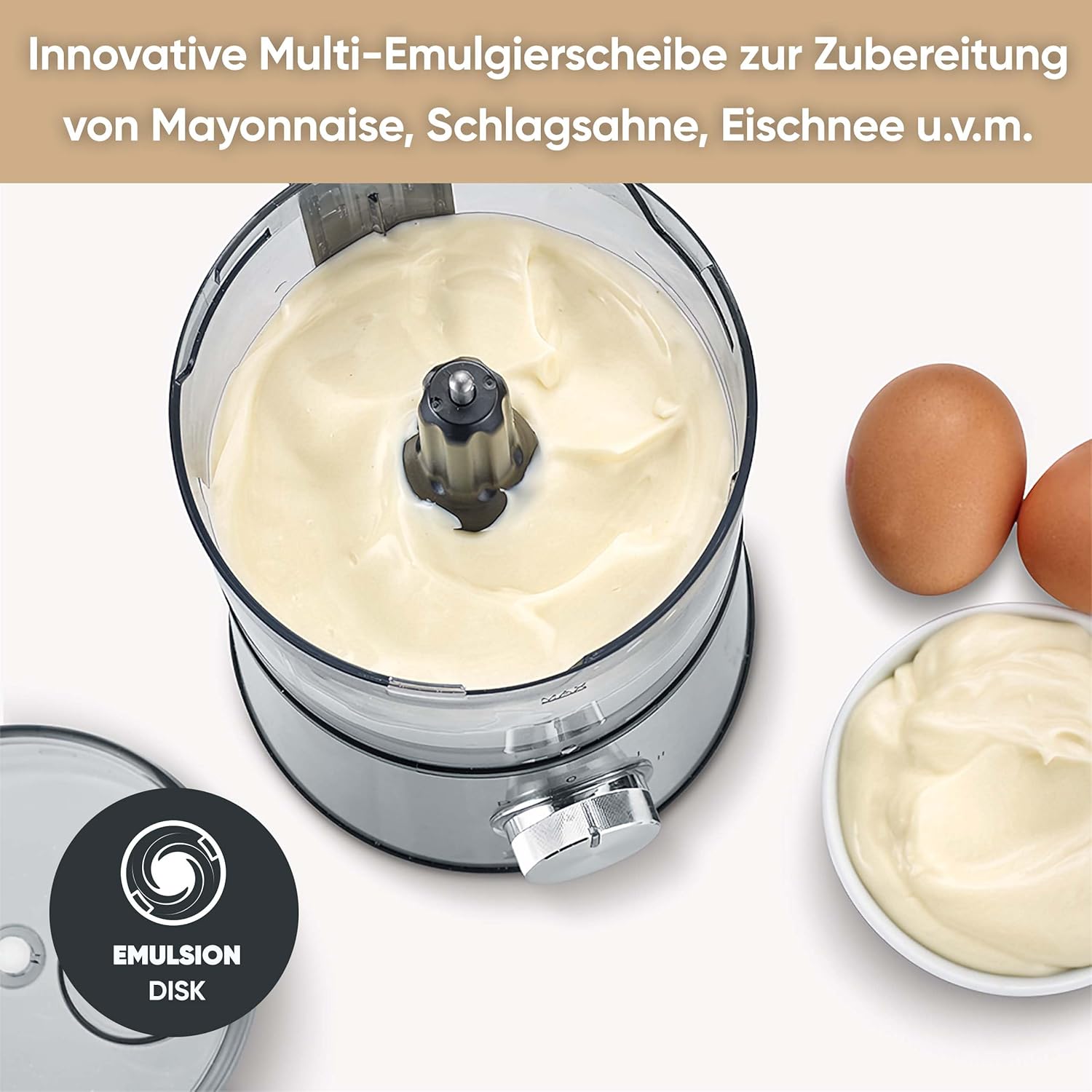 പൊട്ടിത്തെറിച്ചു view of the SEVERIN KM 3865 Multi-Chopper components, showing the motor unit, container, lid, blades, and various attachments.