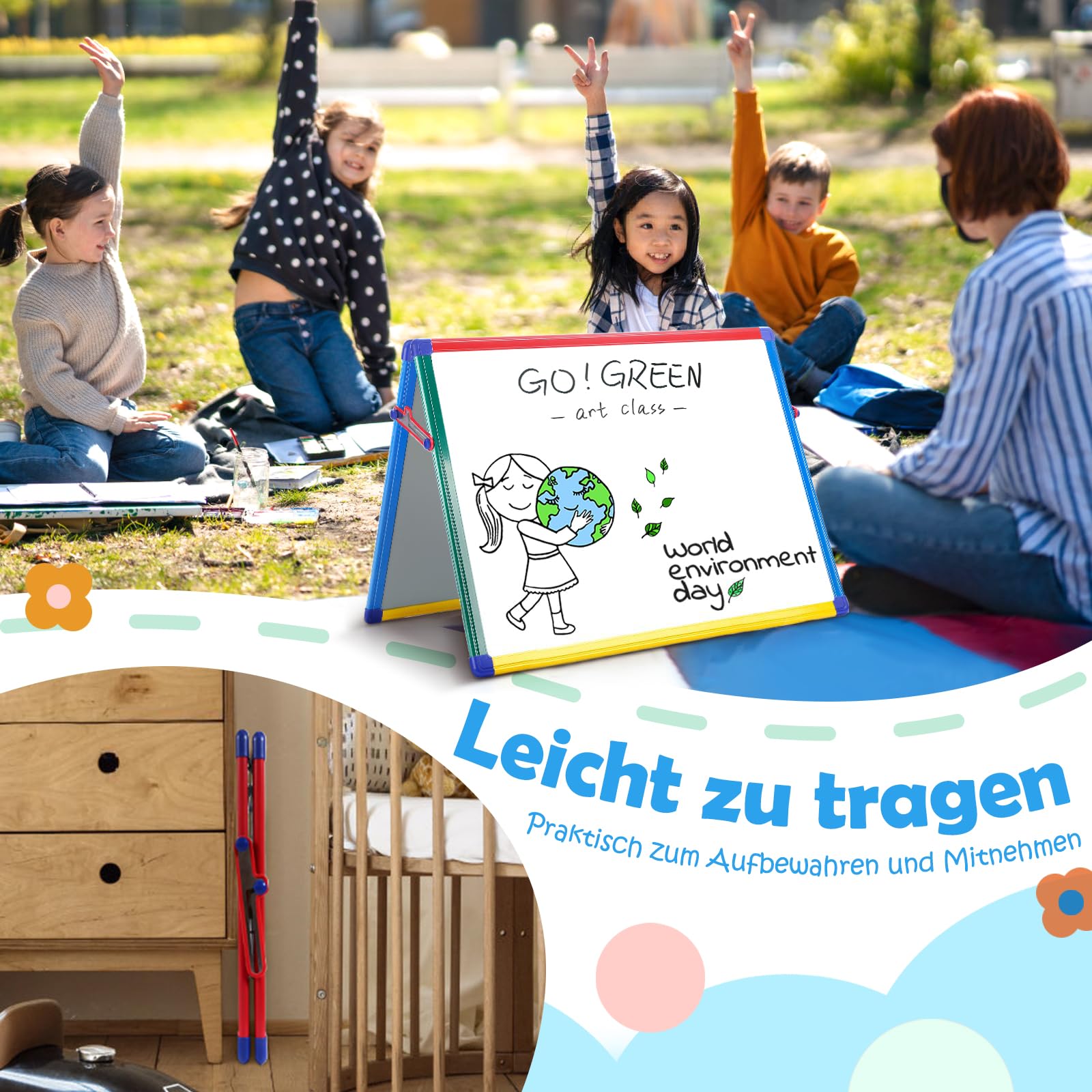SwanSea Whiteboard Magnetisch 60x45cm, Schreibtisch Magnettafel mit Stiften, Doppelseitig, Tragbar, Zusammenklappbar, Magnet Whiteboard für Kinder, Studenten, Schulbedarf