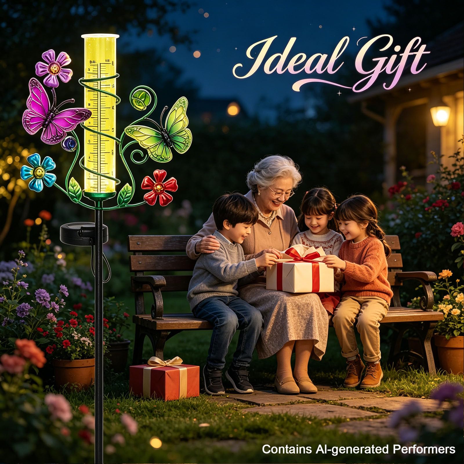 Pluviomètre papillon avec tube en plastique de 15,2 cm, jauge de pluie précise pour l'extérieur avec lampes solaires LED, outil de mesure de pluie pour jardin, pelouse, terrasse