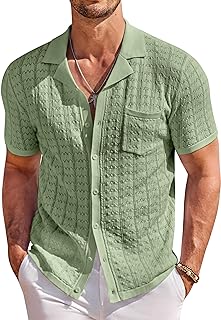 Men's Knit Button Down Shirt Short Sleeve Vintage Polo Shirts Summer Casual Beach Tops