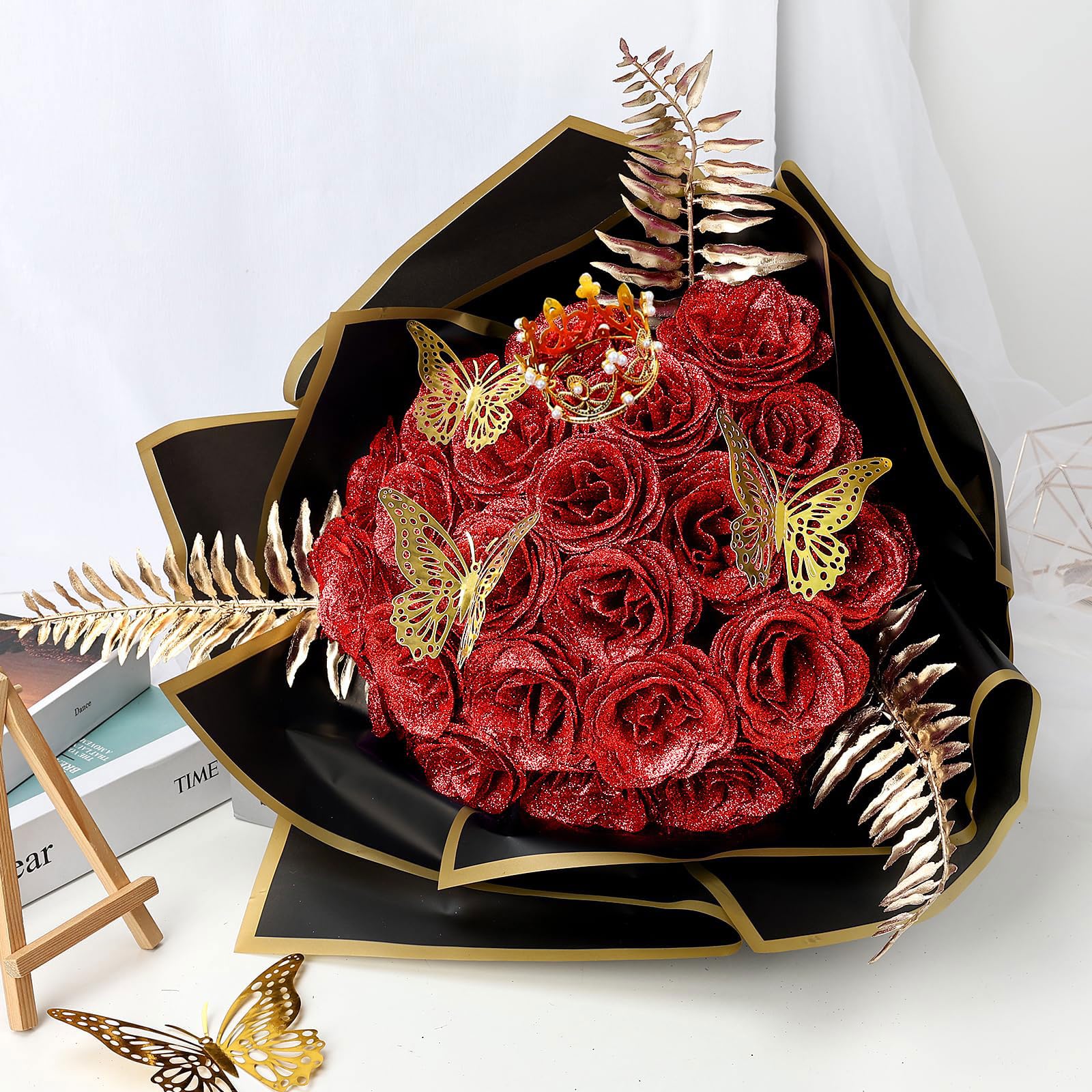 Amazon | SEMONONIA グリッターローズブーケ 24個パック DIY フェイク