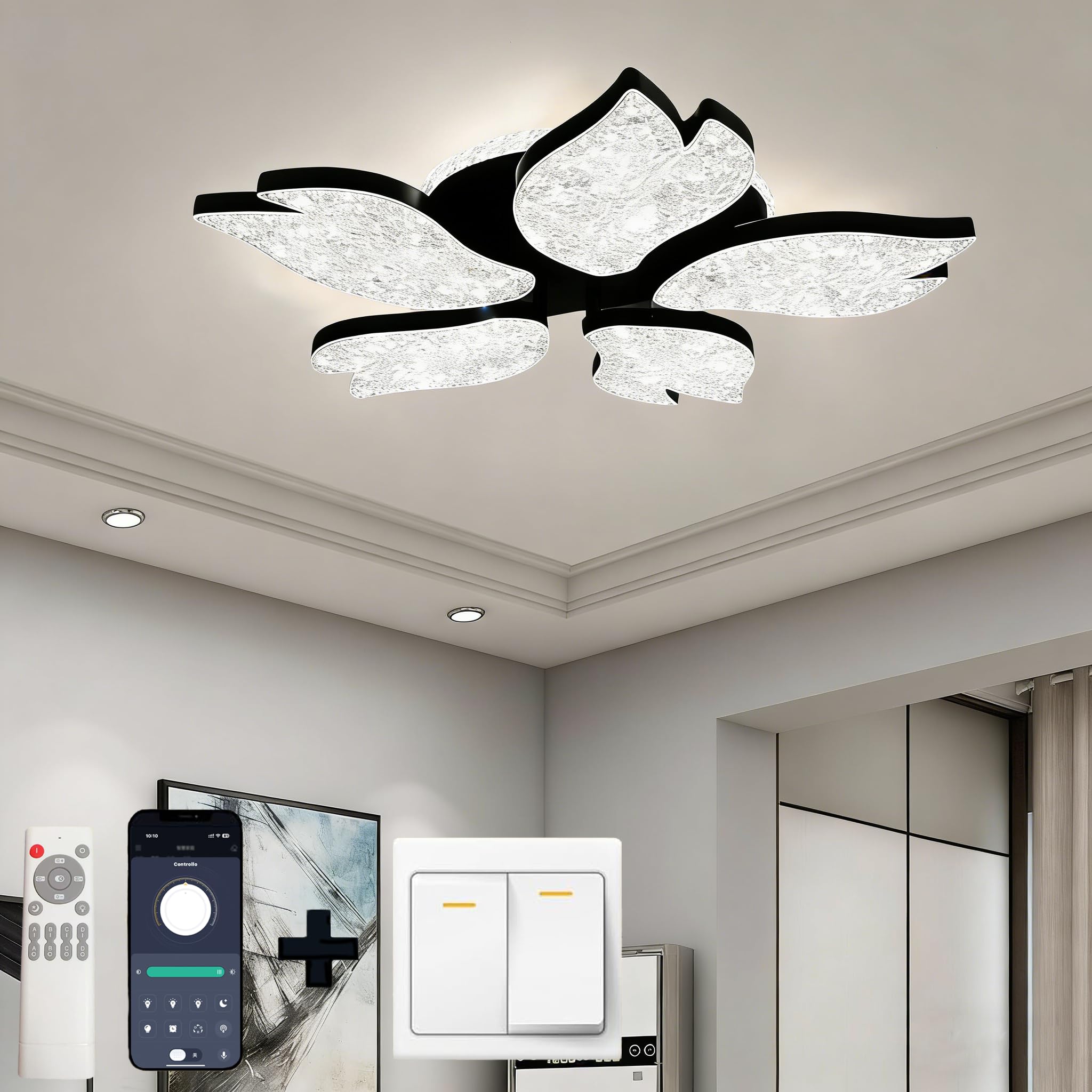 Możliwość ściemniania lampa sufitowa LED z pilotem zdalnego sterowania i aplikacją mobilną, z timerem i funkcją pamięci, nowoczesna lampa sufitowa 3000 K-6500K, sypialnia, jadalnia (czarna, 60 x