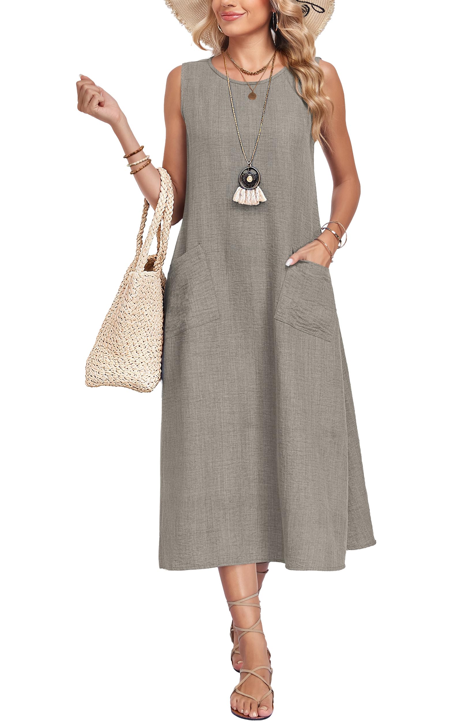 AUSELILY Sommerkleid Damen Casual Maxikleid mit Taschen – Ärmellos, Rundhalsauschnitt Strandkleid Ohne Zubehör