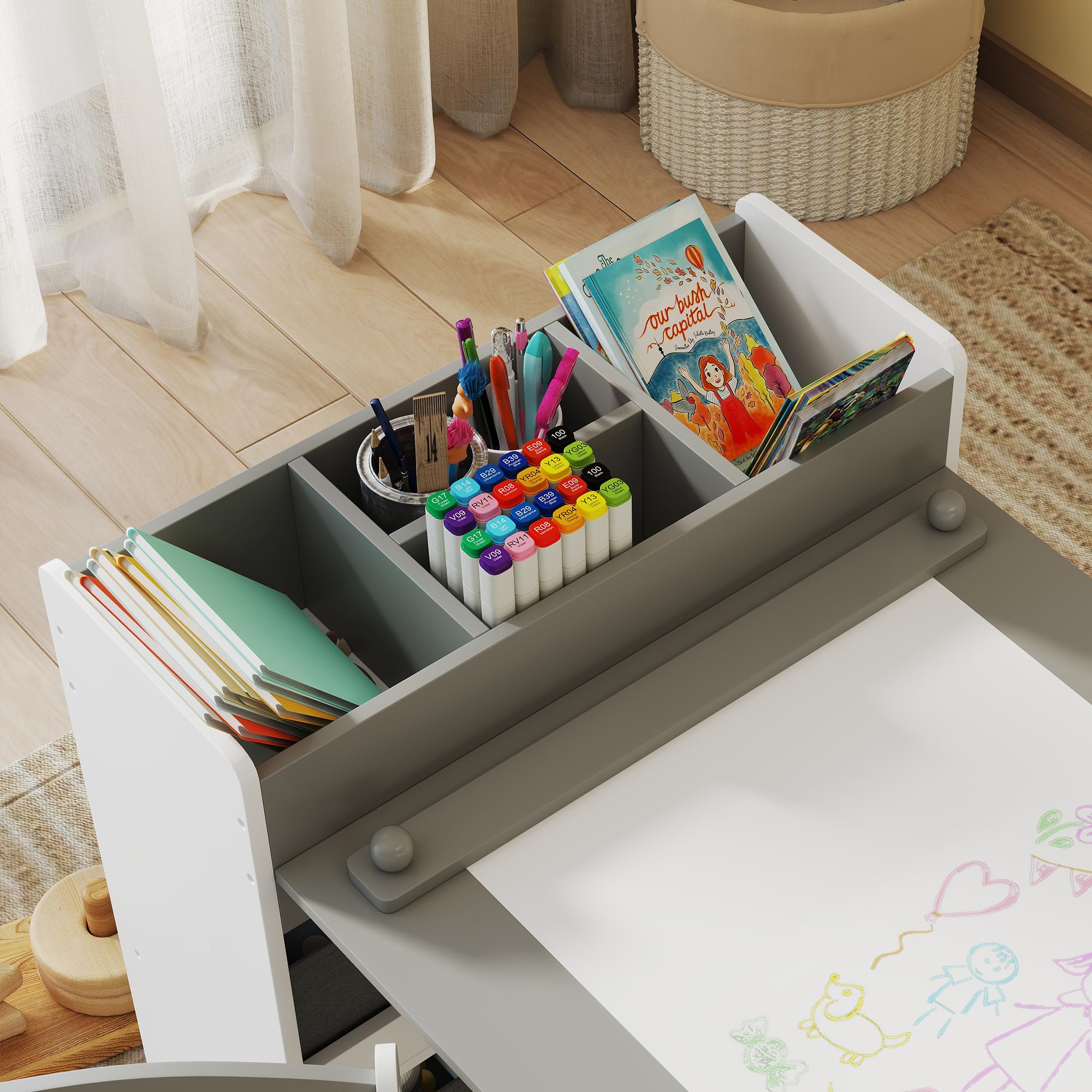 AIYAPLAY Set Tavolo e Sedie per Bambini 3-8 Anni con 2 Sedie e Tavolino con Spazio Contenitore, Mobili per Bambini in Legno di Pino e Tessuto non Tessuto, Bianco e Grigio