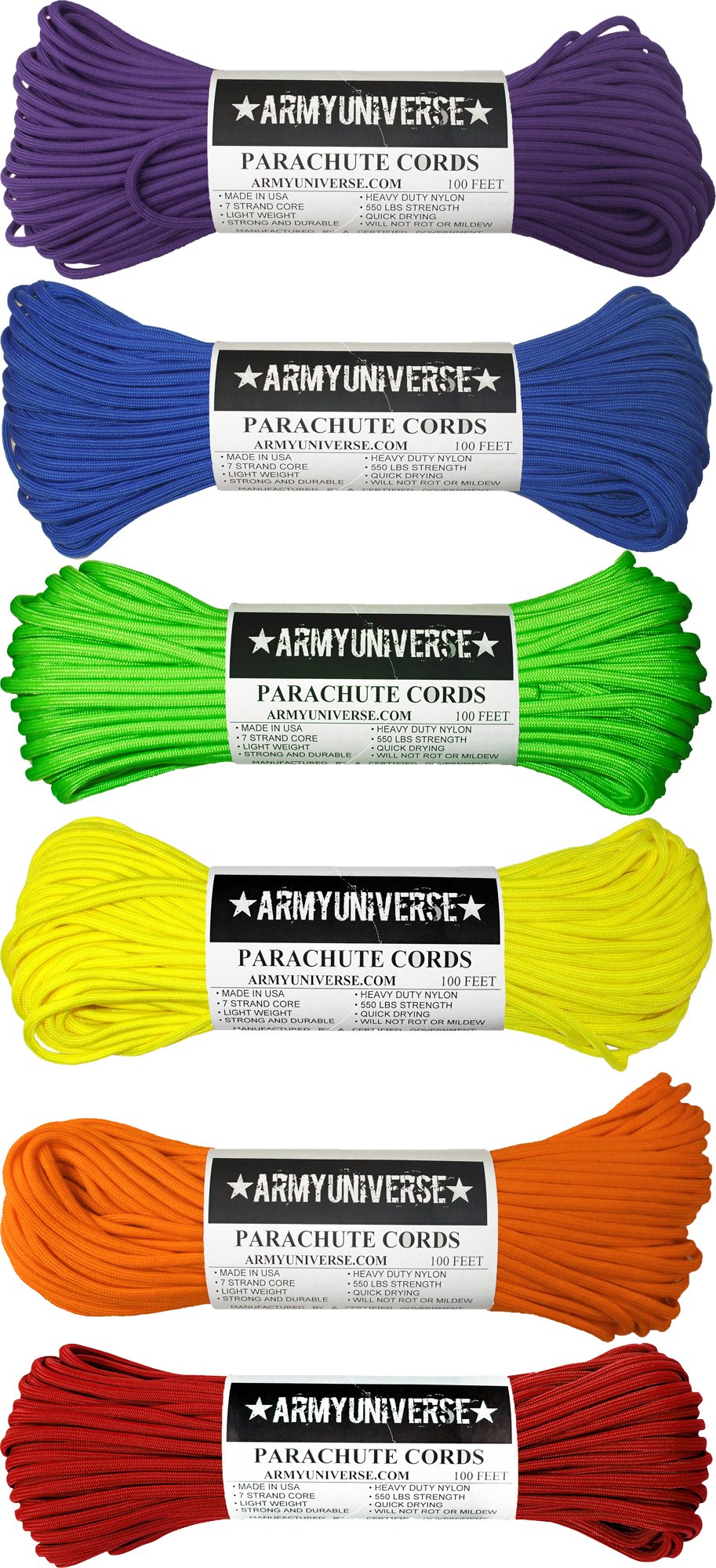 Army Universe Rainbow Bright Colorful 550LB Nylon Paracord Rope Pride Set - 6 Pack (USA Made)