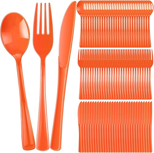 Juego de cubiertos de plástico resistente de 300 piezas, incluye 100 cucharas desechables, 100 tenedores de plástico, 100 cuchillos de plástico para