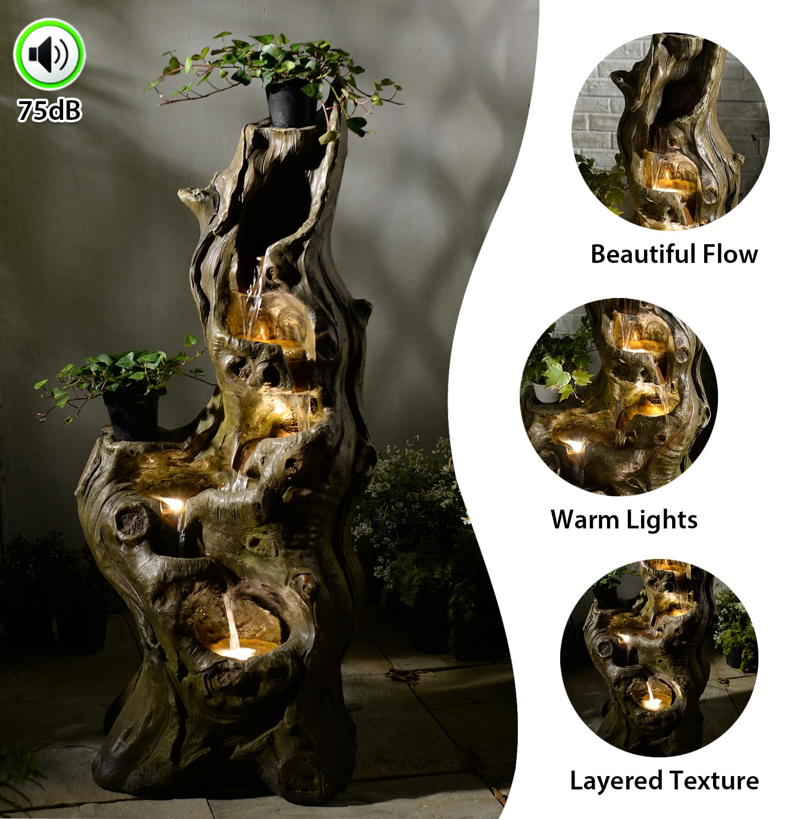 Bumilgar Caractéristiques d'eau de jardin 5 niveaux Grande cascade réaliste Tronc d'arbre naturel Fontaine extérieure en résine Imitation bois avec lumières LED pour jardin, patio, terrasse 101 CM