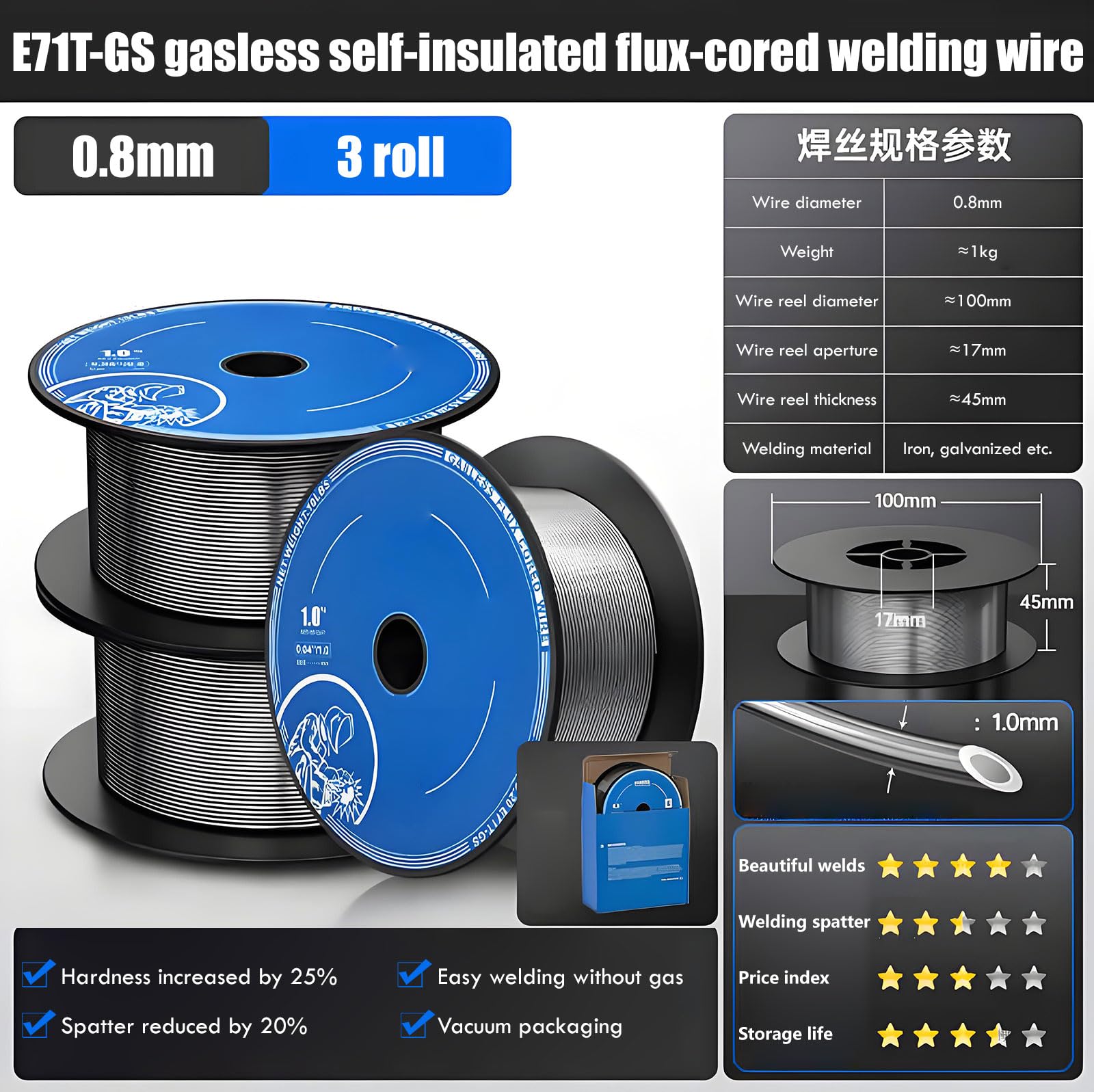 COYOUCO Filo Mig con Anima di Flusso Senza Gas da 0,035/0,030" (1,0/0,8 Mm), E71T-GS, Perfetto per La Saldatura di Progetti in Acciaio Zincato, Inossidabile E Dolce,0.8mm 1kg 3 Pack