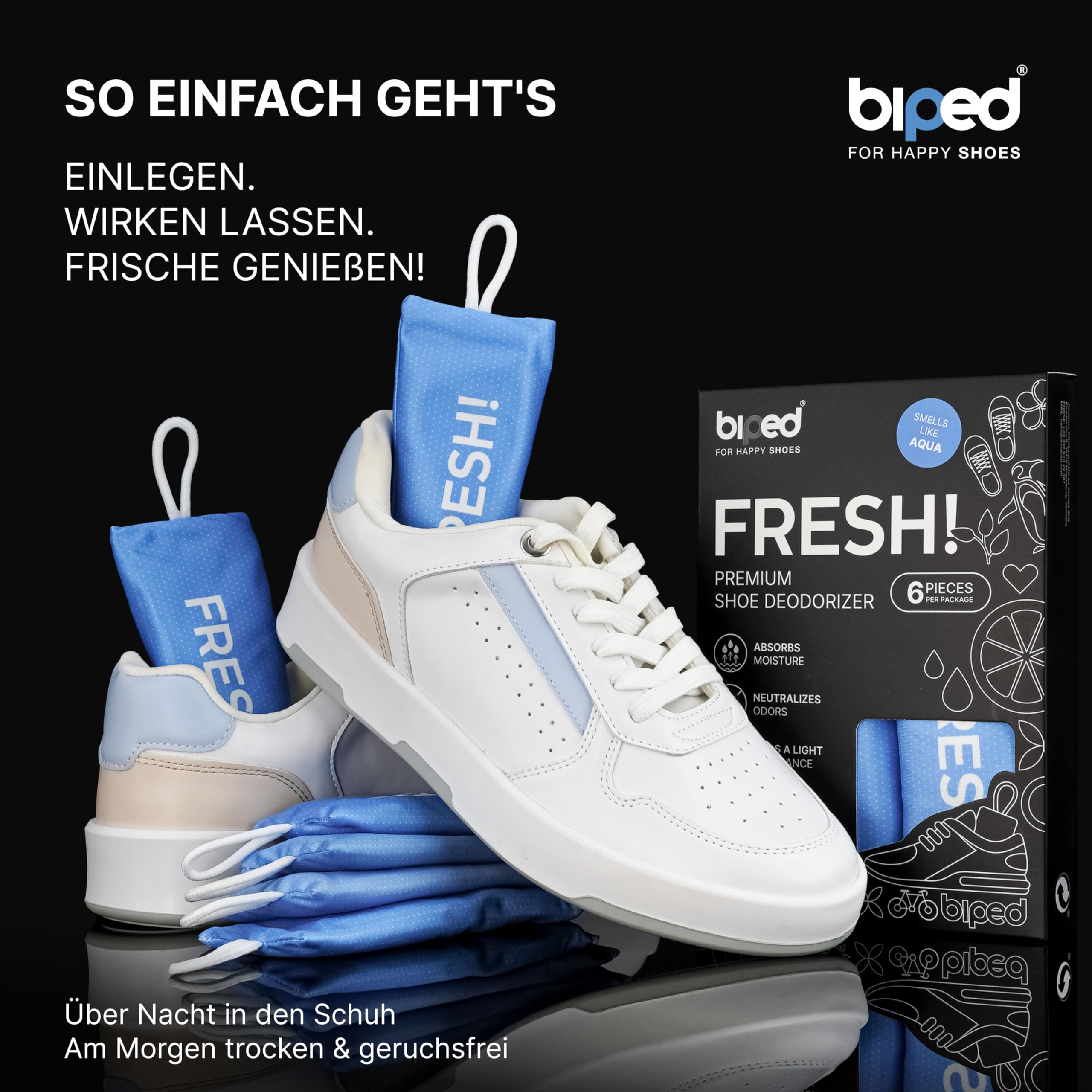 biped FRESH! premium shoe deodorizer - Schuhdeo gegen Geruch und Schweiß - Duft Schuhkissen mit Bambus Aktivkohle - Schuh Geruchsentferner für Sneaker, Schuhe und Sporttaschen z2925(AQUA, 6 Stück)