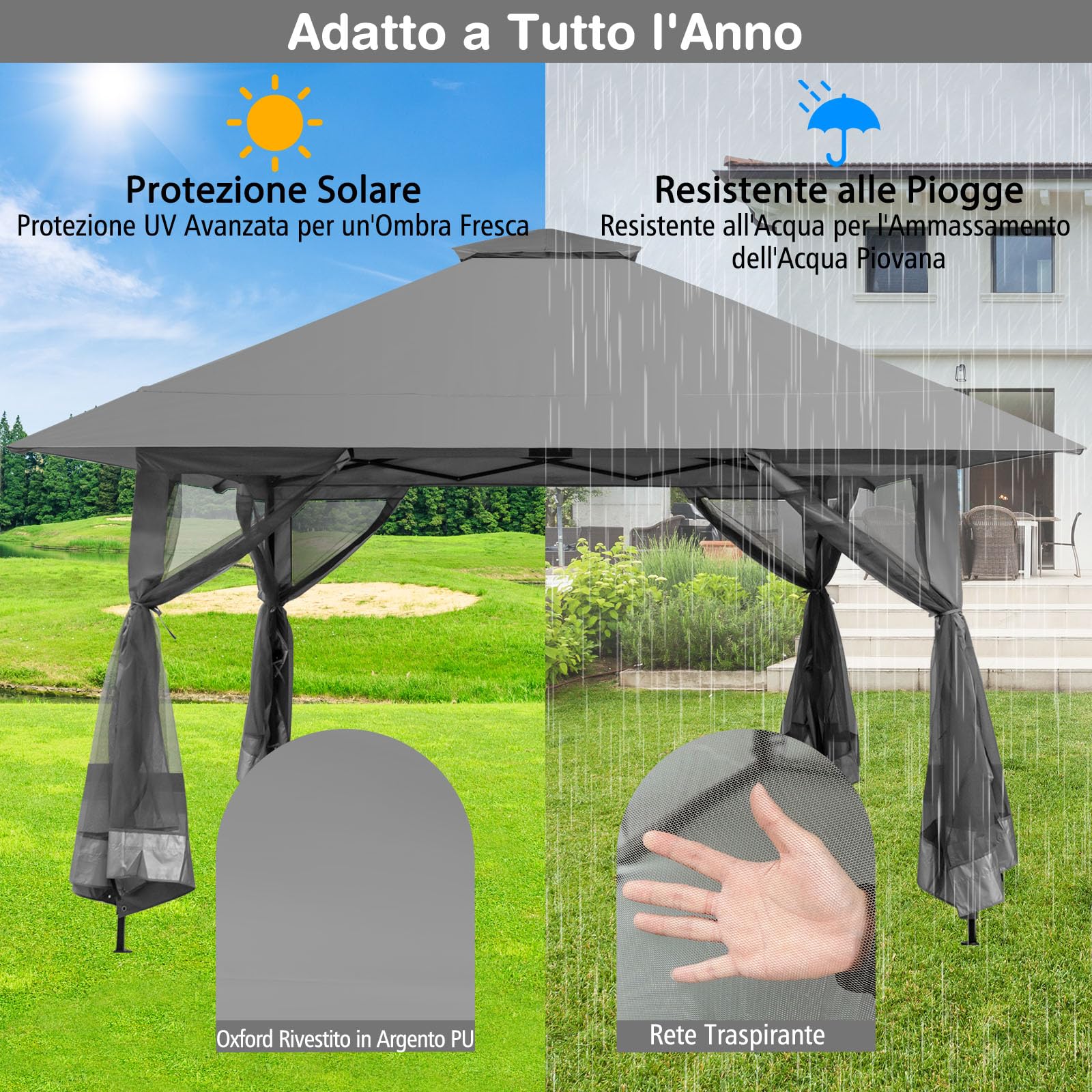 RELAX4LIFE Gazebo da Giardino 4x4M, Pop-up Pieghevole con Zanzariera e Doppio Tetto, Altezza Regolabile per Patio, Giardino e Cortile (GRIGIO)