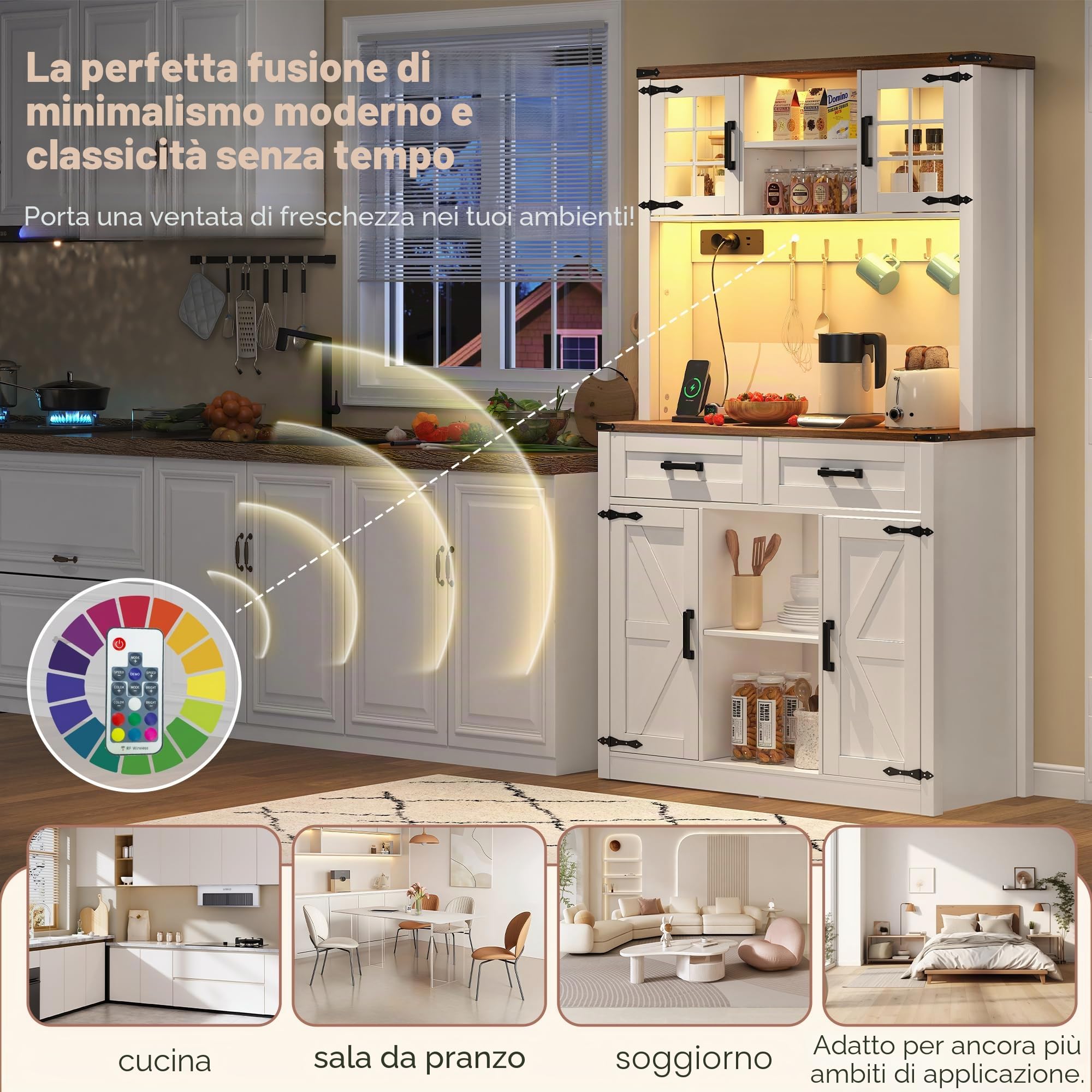 Armadio da bar con illuminazione a LED e prese, grande armadio da cucina con 2 cassetti grandi, design porta fienile, ripiani regolabili, tavolino da caffè-bar (bianco-2)