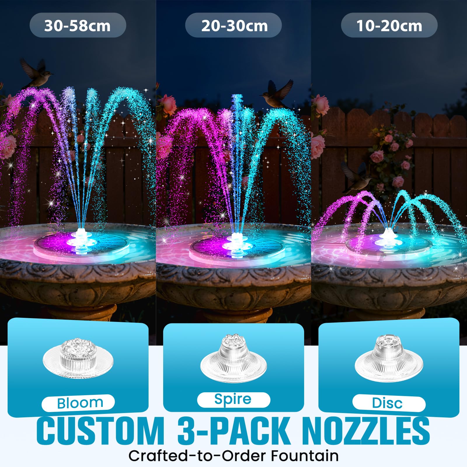 Luxfero 2026 Fontana Solare per Esterno,4000mAh Pompa Solare per Fontana da Giardino con 3 Ugelli,Fontana da Giardino Esterno con LED Luminosi,Fontana Solare per Laghetto Adatto per Giardini,Piscina