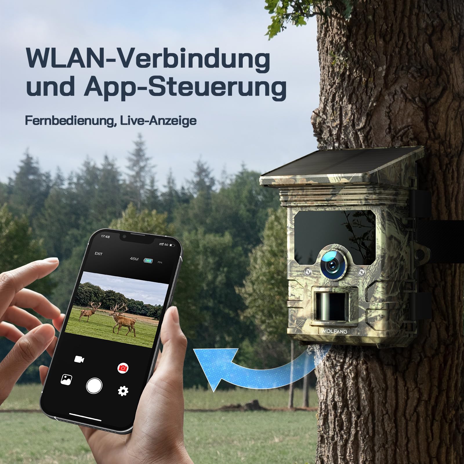 WOLFANG Solar Wildkamera mit Handyübertragung, 4K 30fps 68MP,120 ° Weitwinkel WLAN Bluetooth Wildtierkamera, Bewegungsmelder Nachtsicht, IP66, 0.1s Auslösezeit für Wildlife Monitoring