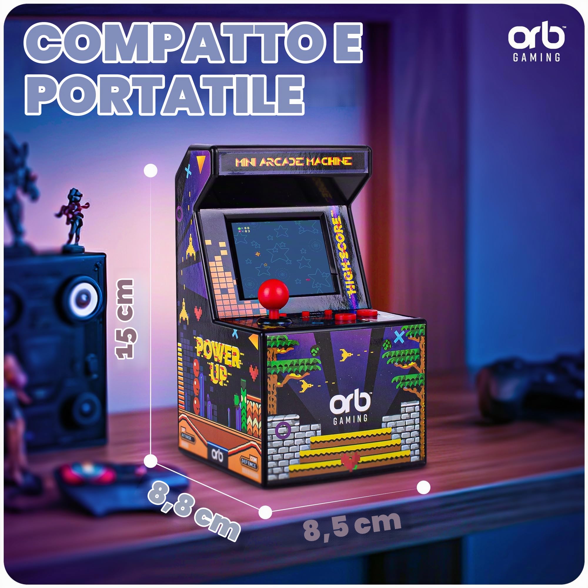 Orb - Mini Arcade Machine, 300 giochi in-built, giochi arcade retrò a 8 bit, schermo a colori da 2,5", joystick a 8 vie, 2 pulsanti, controllo del volume