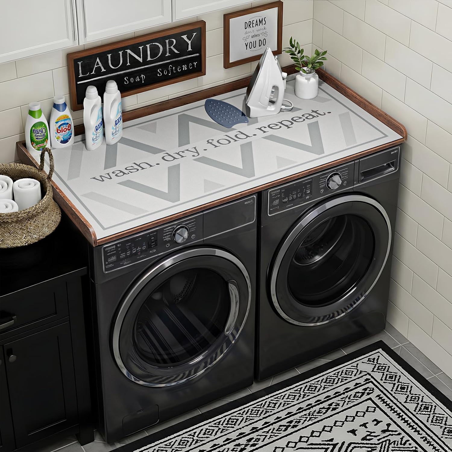 Furnaza Washer and Dryer Countertop 54" x 27.5" with Heat-Resistant Ironing Mat, Laundry Room Folding Table for Front Load Machines, Non-Slip Pads Included, Scratch-Proof Laundry Topper, Walnut