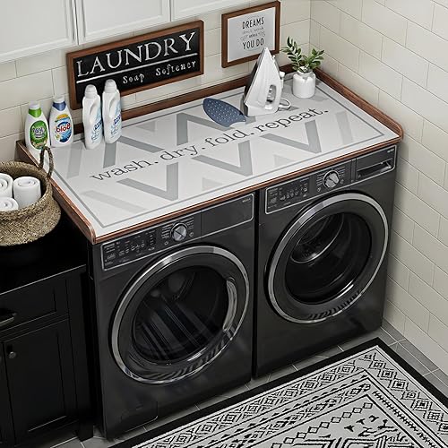 Vista 6 de Encimera de lavadora y secadora, encimera de lavadora y secadora de 27.5 x 54 pulgadas con almohadilla antideslizante, decoración grande de Nogal