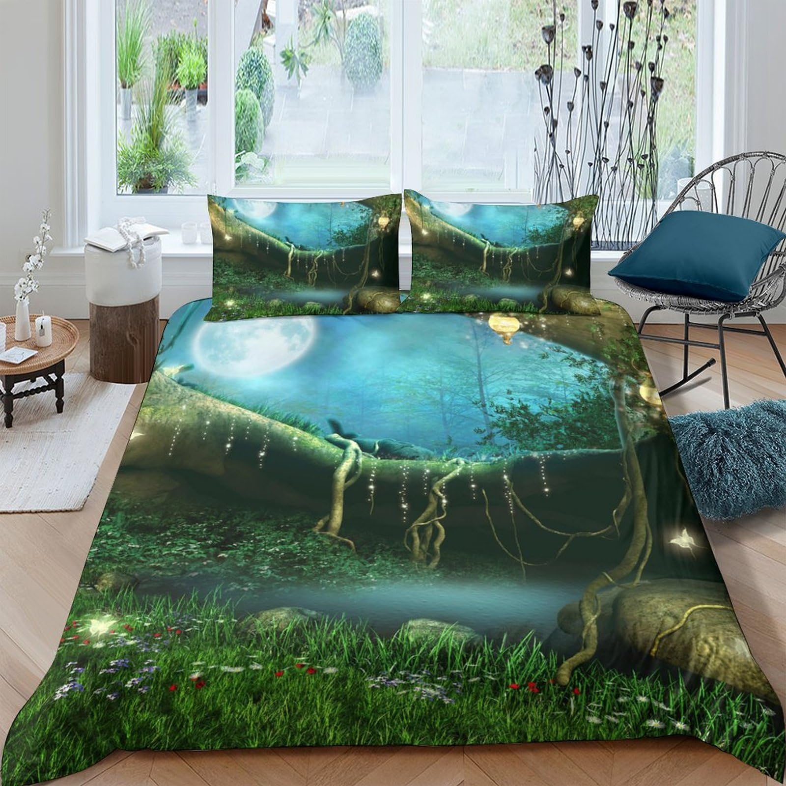 Ctjqhvkz Style-10 3D Printed Enchanted Forest Fitted Sheet Microfiber Soft Mossy Night Mattress Cover For Bedroom Guest Room Decor Single（135X200cm）