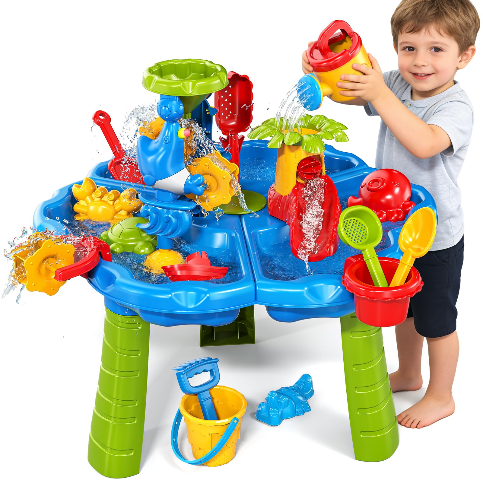 Sand Wasser Tisch für Kleinkinder 1-3, Kinder Outdoor Aktivität Wassertische mit Strand Spaß Sandspielzeug, Sommer draußen Spielzeug Wasser Spielset für Kleinkinder Jungen Mädchen Alter 2 3 4 5 6 7 8