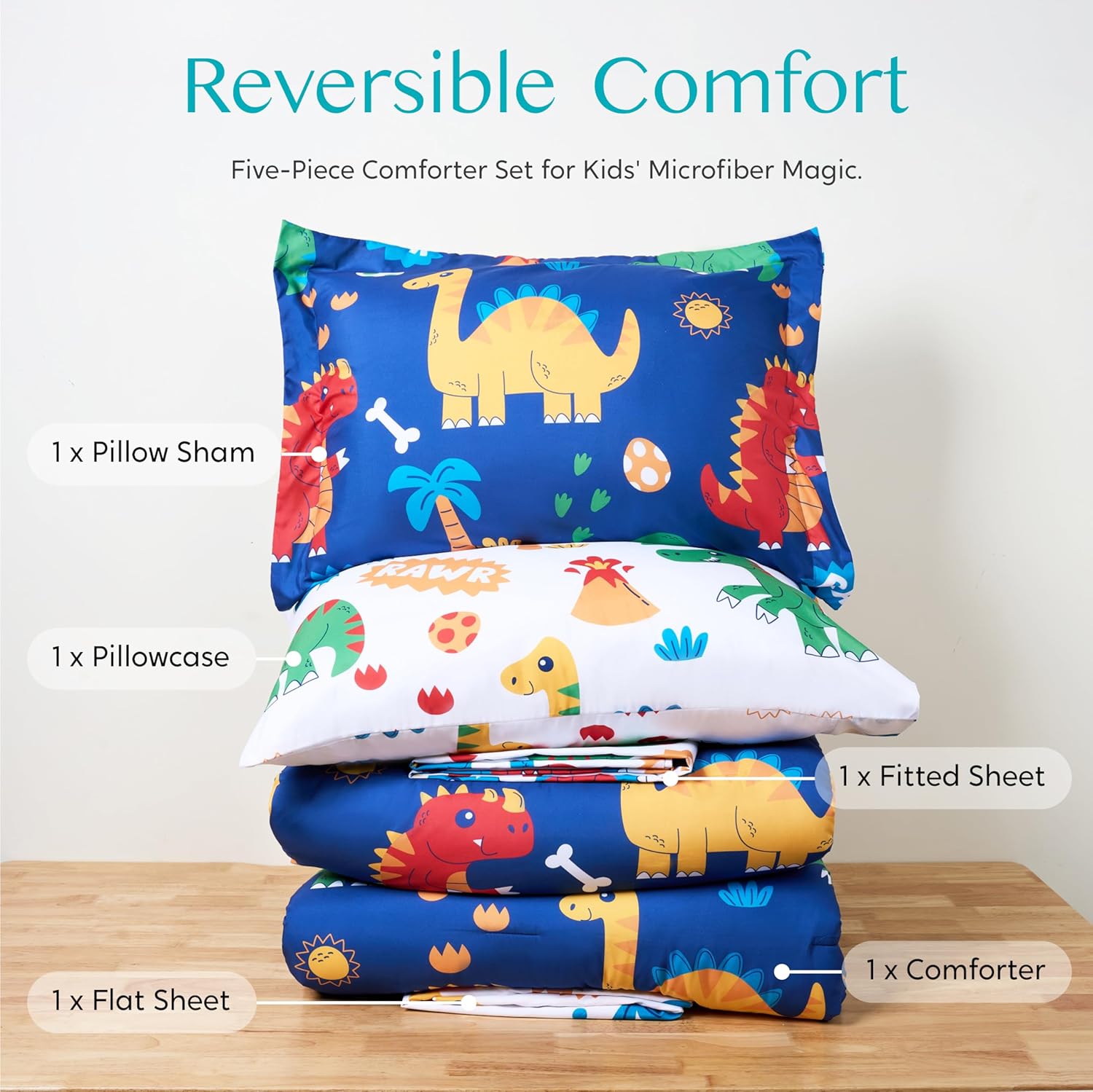 Joiedomi Kid Twin Comforter Set 5 Piece Cute Dinosaur Bedding Set for Boys Girls Super Soft Microfiber Bed in a Bag with Comforter Sheets Pillowcase Sham - Image 6