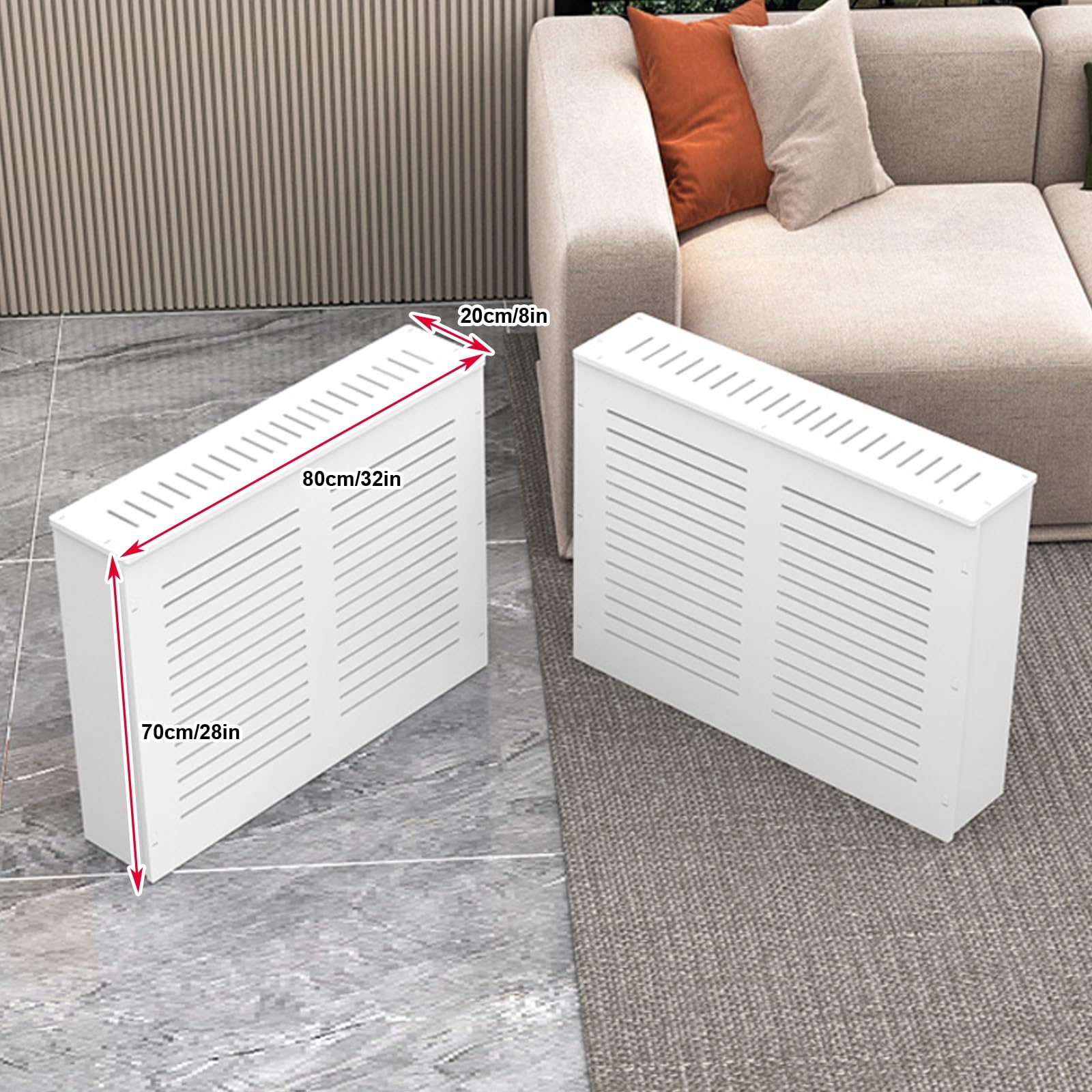 Moderna copertura per termosifone, colore bianco, design ignifugo per nascondere tubi ingombranti in soggiorno e camera da letto (80 x 70 x 20 cm)
