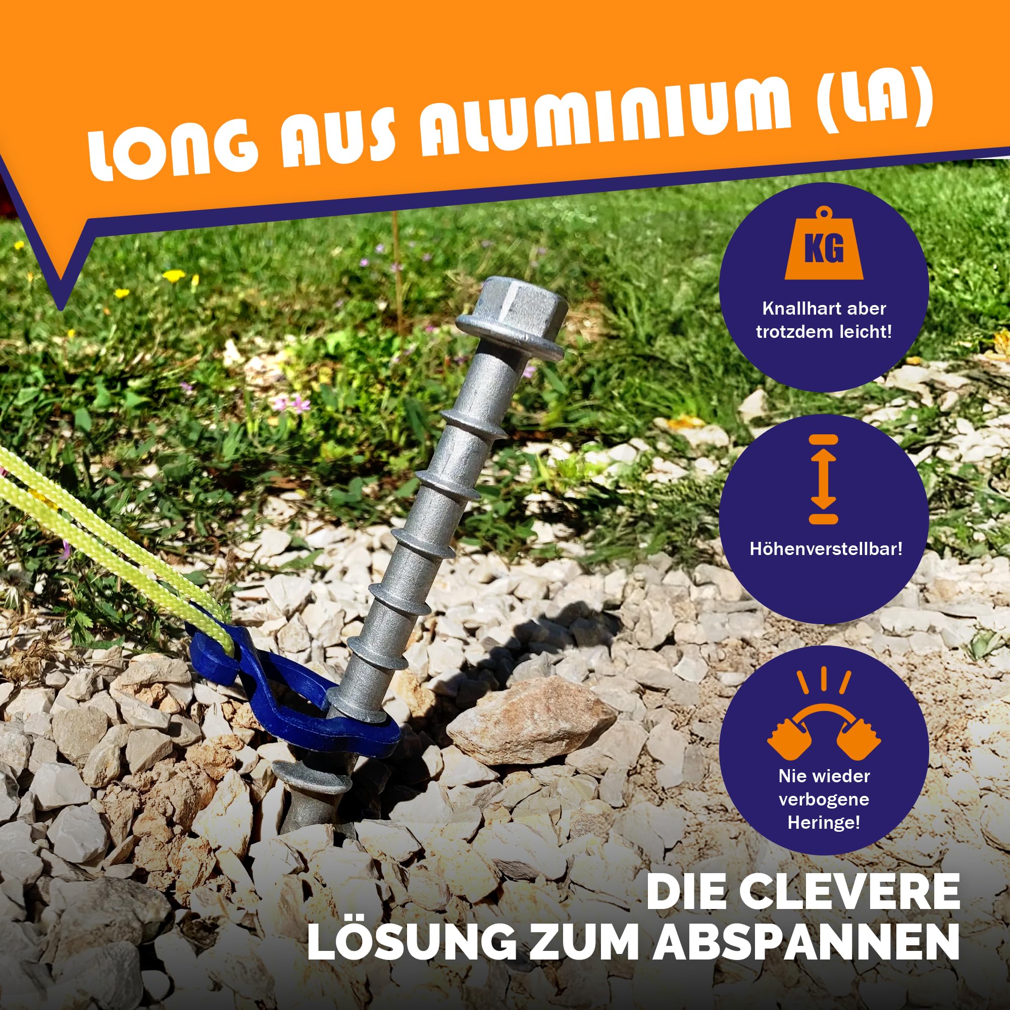 Peggy Peg – 2 Stück Schraubheringe Long aus Aluminium 31cm – Erdschrauben für Normale bis sandige Böden & Böden mit Geröll – hochbelastbare Zeltheringe für Großzelte, Leinen, Planen, Sturmverspannung