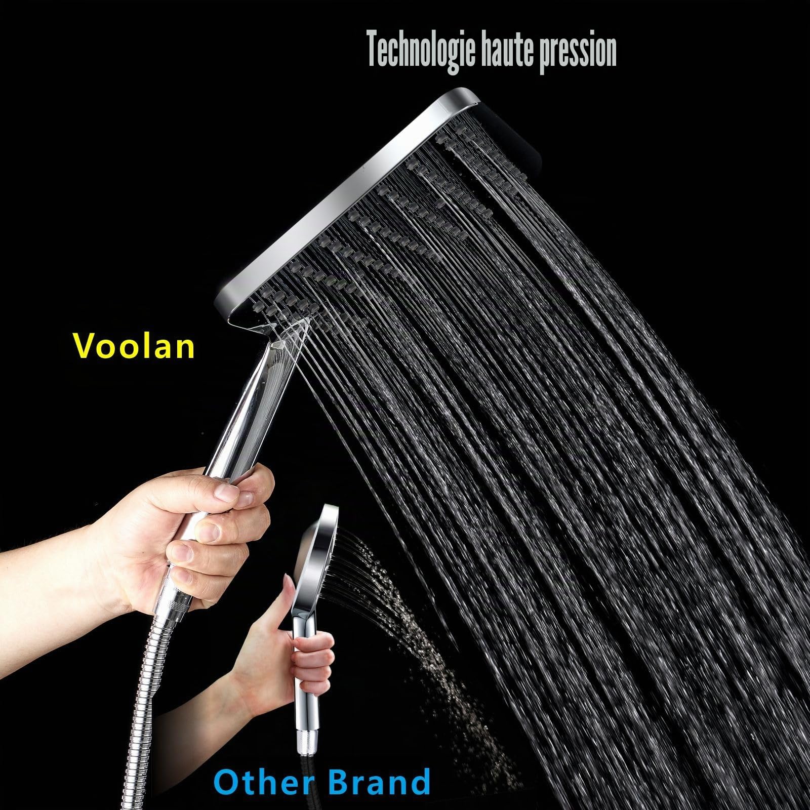 Grande Douchette À Main, Douches À Main Haute Pression Voolan, Douche À Effet Pluie Chromée de 25cm Suffisante pour Couvrir Tout le Corps, Carrée
