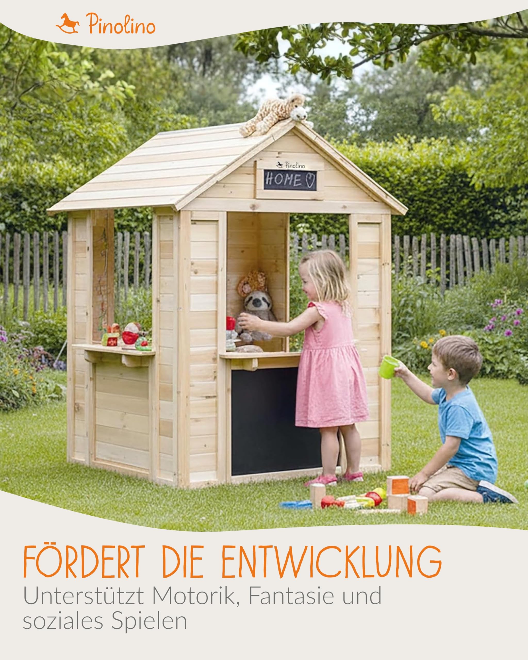 PINOLINO Outdoor Spielhaus Knut aus Massivholz I Kinder Gartenhaus mit Drehtür, 5 Ablagen & 2 Blumenkästen I Spielhaus mit 4 Kreidetafeln für Garten & Terrasse I 116 x 104 x 137 cm