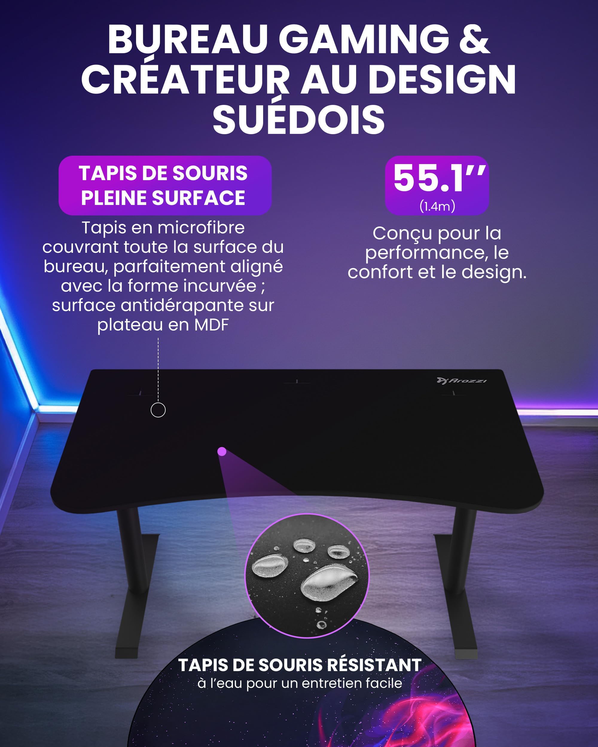 Bureau Gamer Arozzi Arena Medium - 140x76 cm - Bureau Gaming avec Cadre Acier, Rangement pour Câbles et Support Double Écran - Tapis de Souris Lavable Intégral - Noir Intense