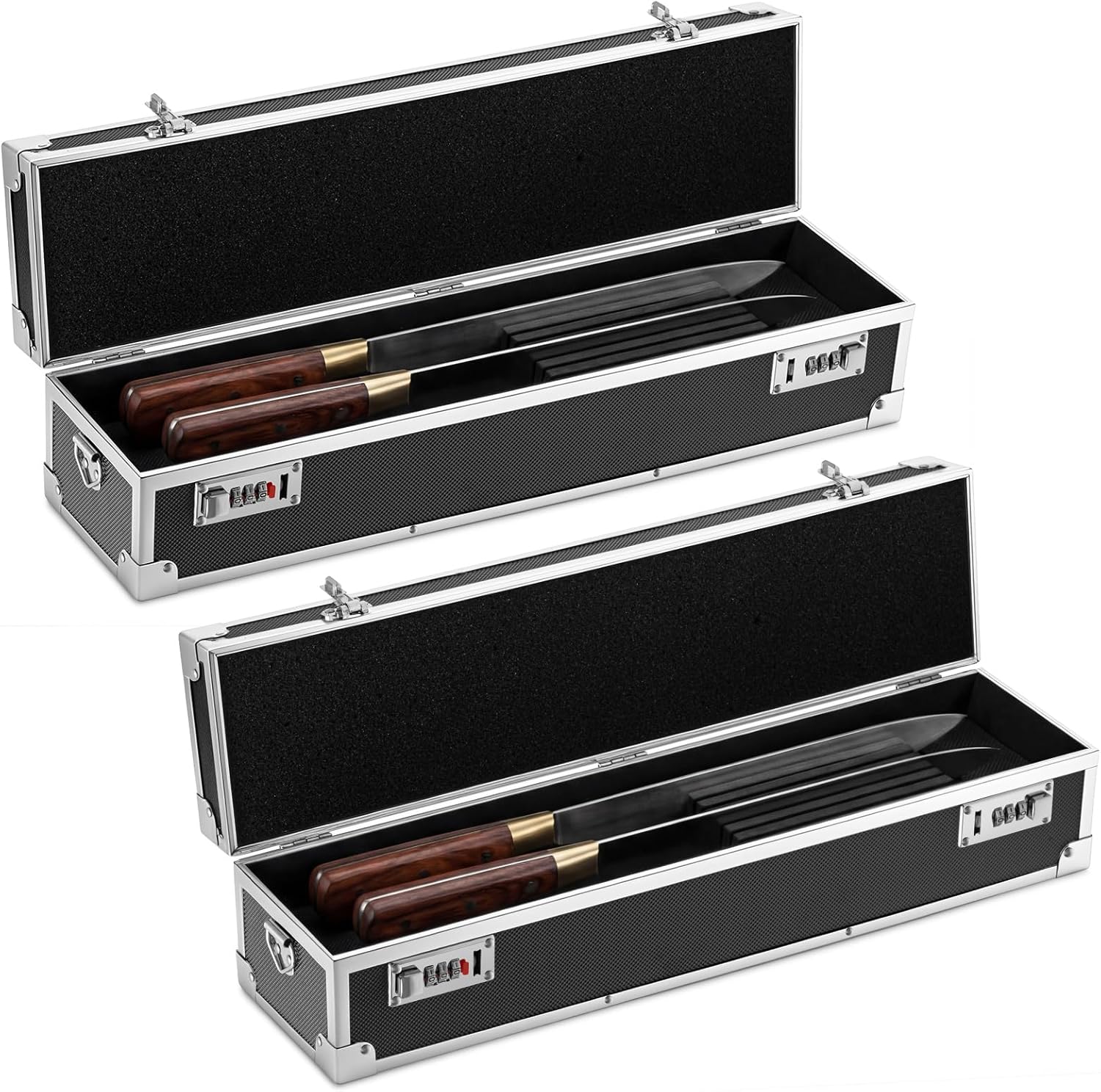Geetery 2 Pcs Chef's Knife Cases Aluminum Hard Shell with Double Combination Lock and Compartments Storage Box Portable Organizer with 8 Knife Slots for Cooking Classes