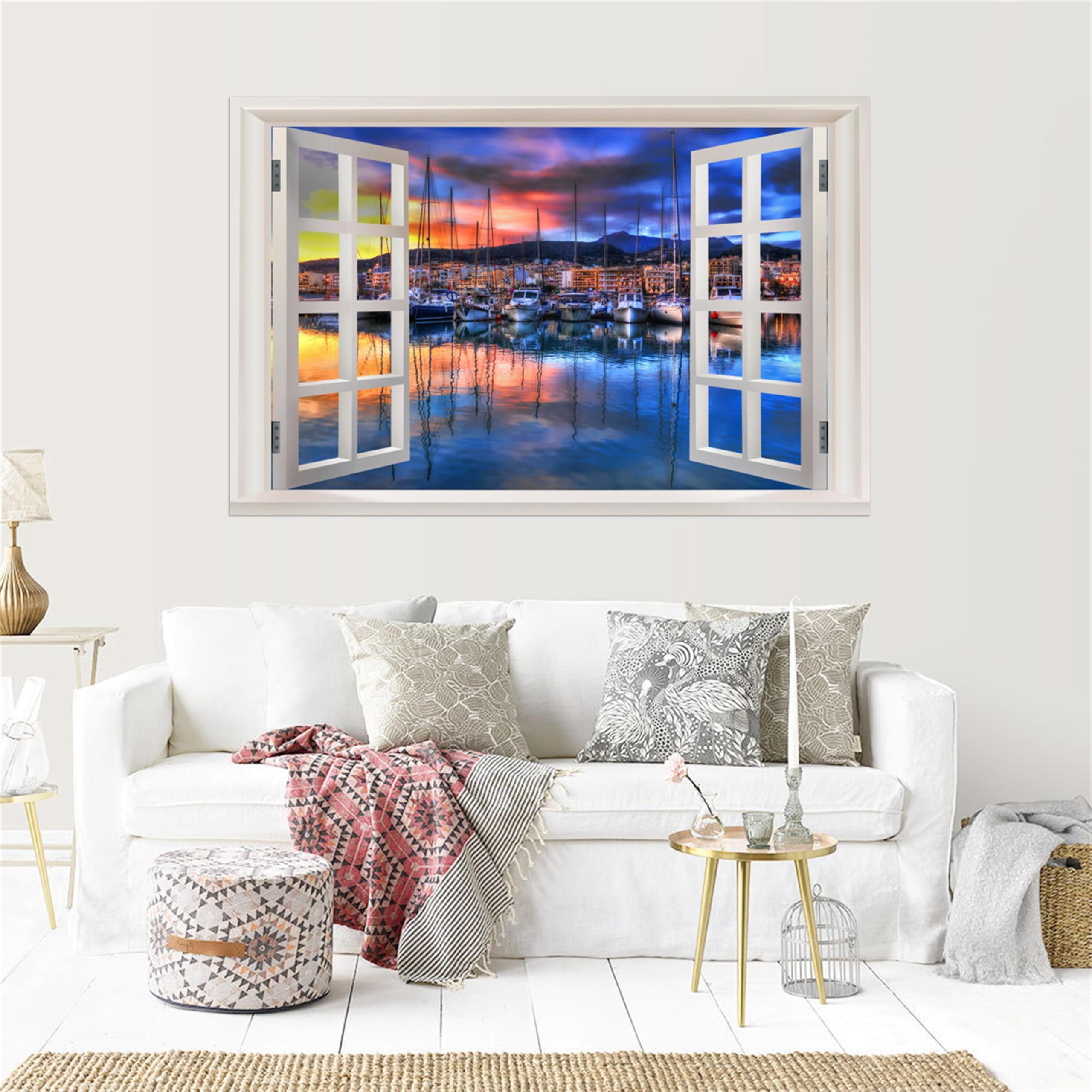 SDYSKKUG Fensterblick Bild. Meer Boot Sonnenuntergang. Landschaftsbilder Druck auf Leinwand. Wandbilder Wohnzimmer Wanddekoration 120x80cm Ungerahmt