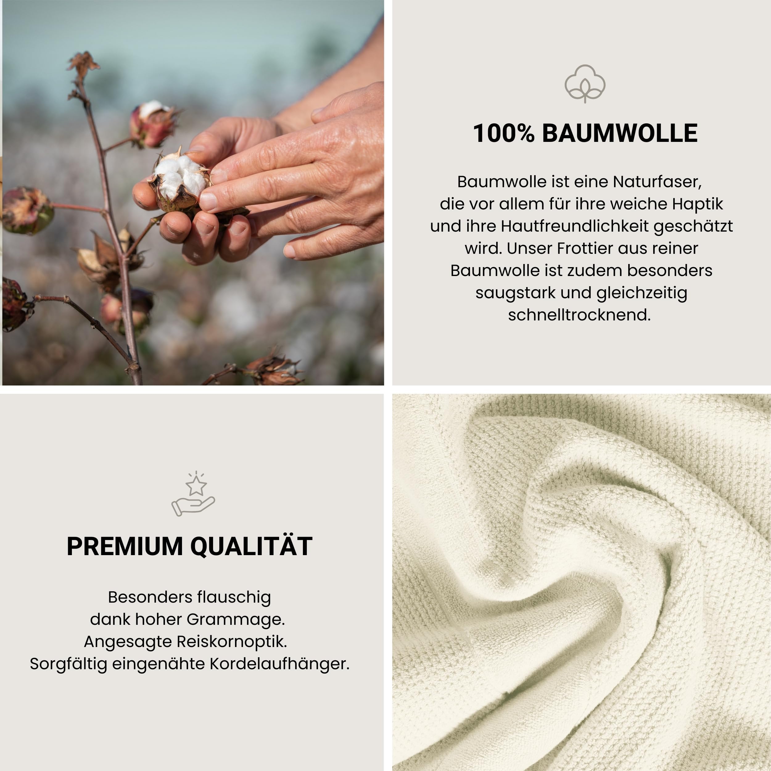 Schiesser Handtuchset Turin | Frottier | 4-teilig | Reiskornoptik | 100% Baumwolle | flauschig, saugstark, farbecht | Oeko-Tex® Made in Green Zertifiziert | Kordelaufhänger | 50x100cm | Offwhite