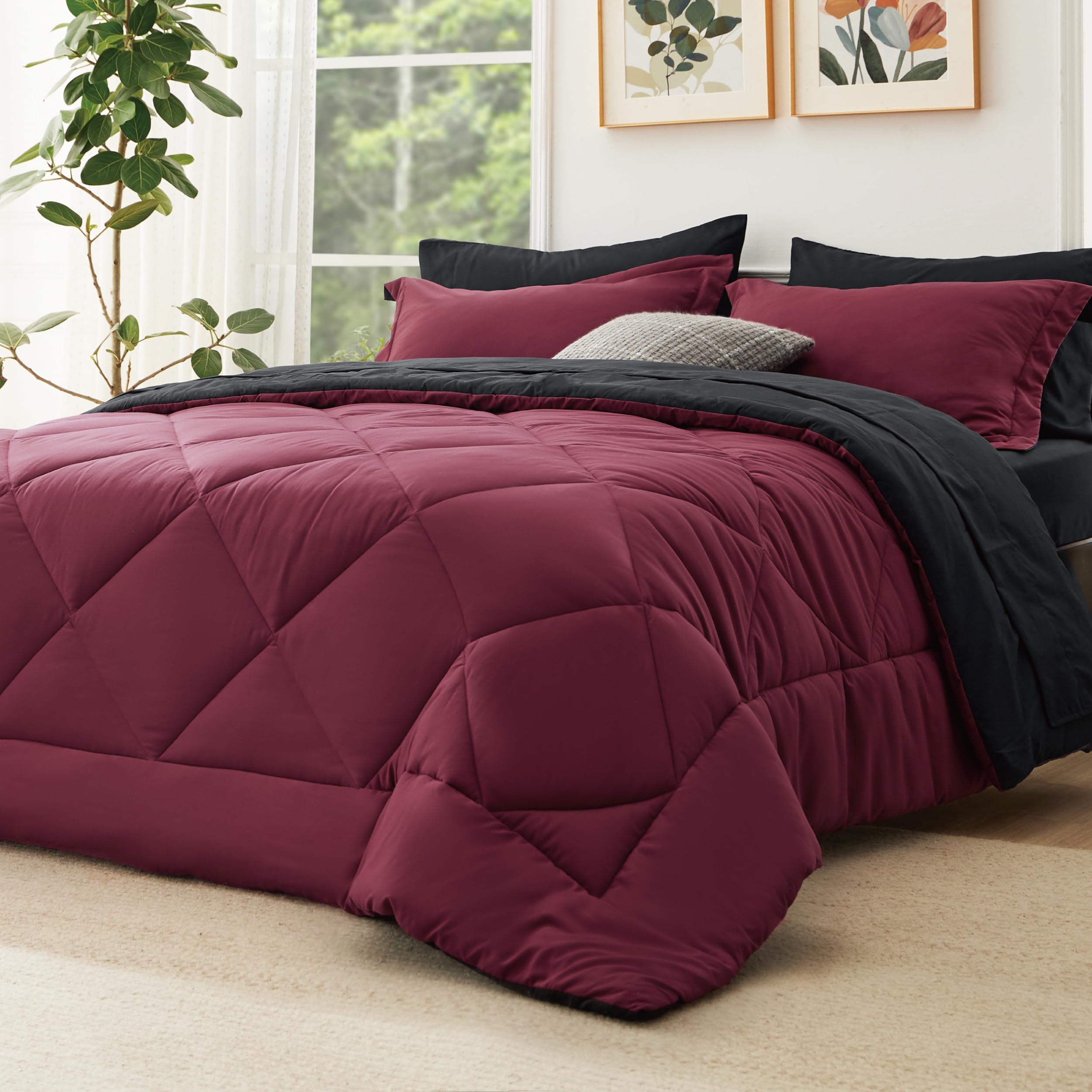 Amazon.com: Bedsure Queen Comforter Set - 7 Pieces Reversible Burgundy ...