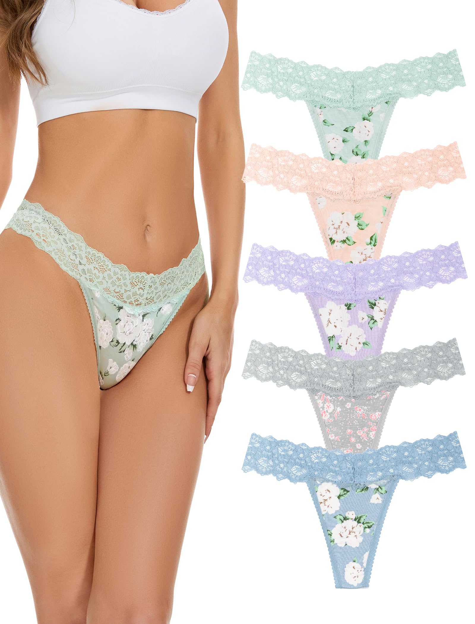 voenxe Seamless Women Thong,No Show Lace Underwear,Cotton-Like Soft Undies