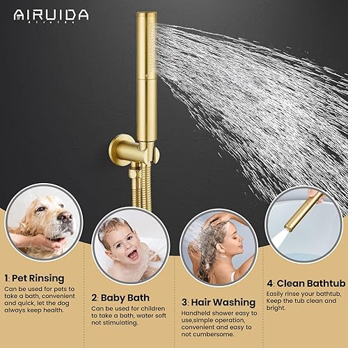 Miniatura 57 de Airuida Juego de sistema de ducha redondo con boquilla de bañera, montaje en pared, juego de grifo de ducha de lluvia de 3 funciones, 2 funciones