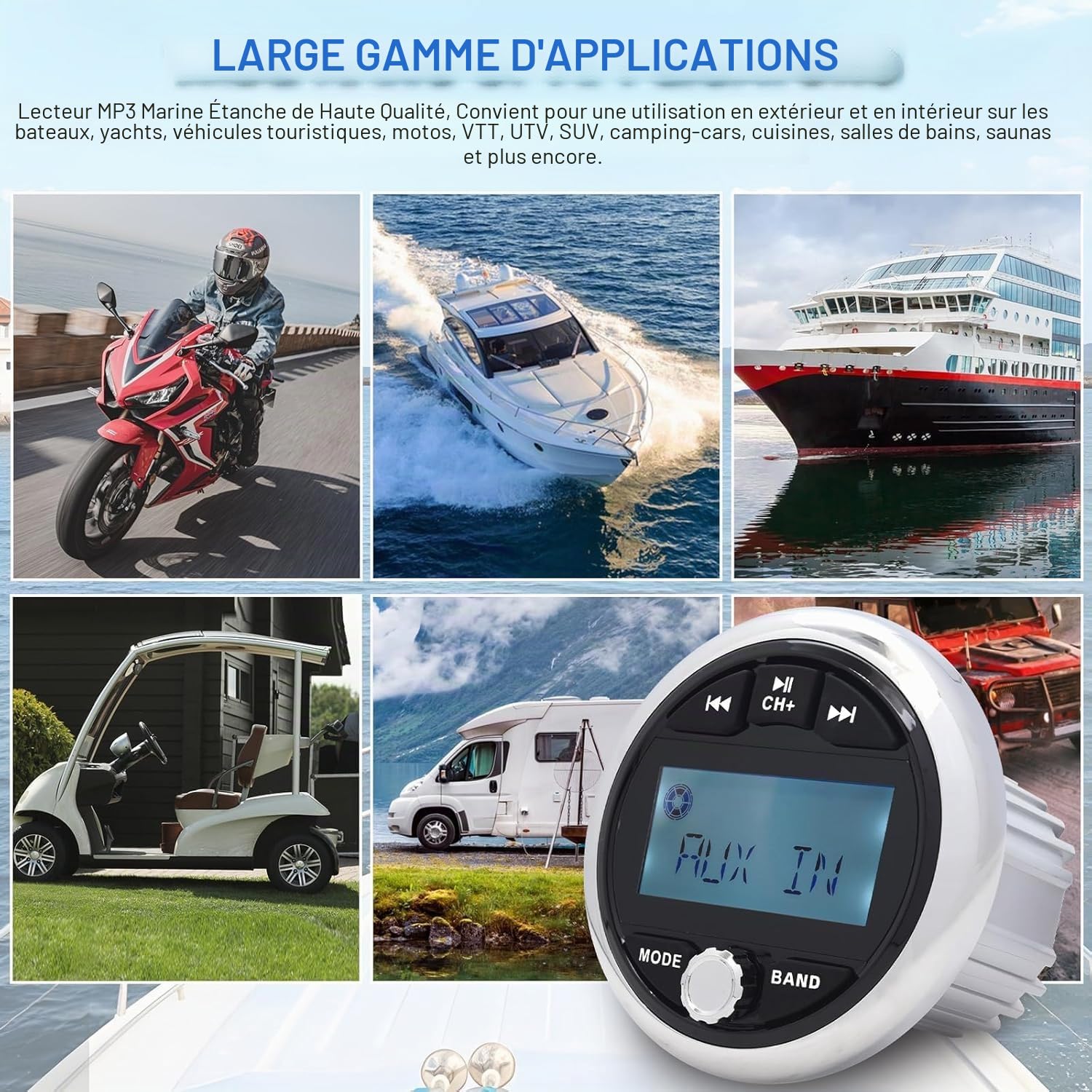 Geloo Stéréo Marine Radio Universel MP3 AM/FM Audio Récepteur Étanches | Lecteur de Musique Audio Sans Fil pour Bateau, pour Yachts, Bateaux Marins Golf Cart ATV UTV