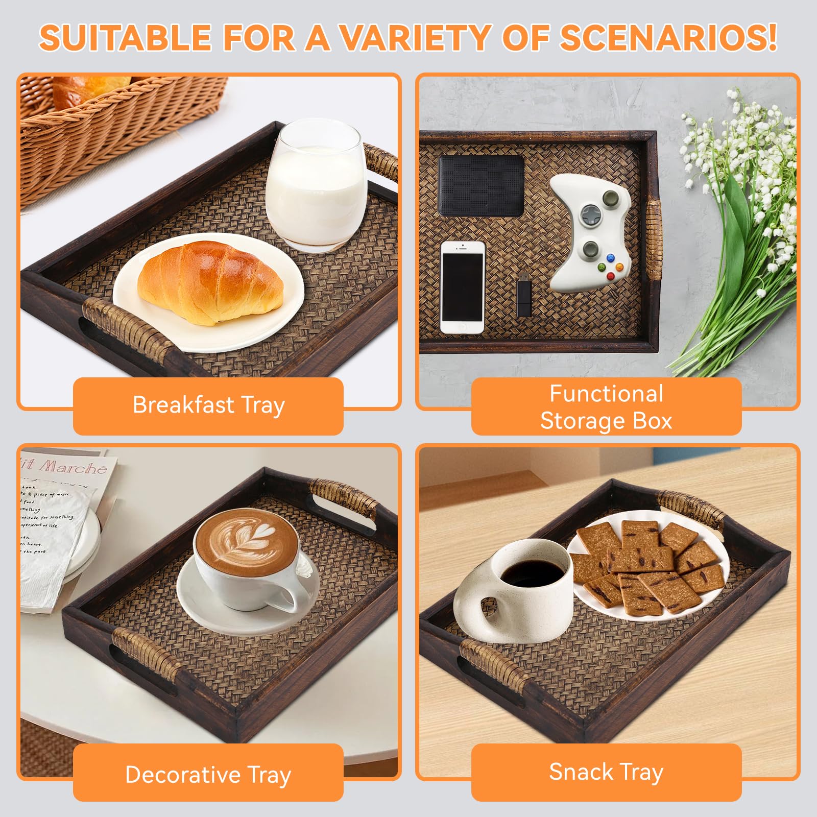 Bandeja de madera para servir de 22,8 cm, antideslizante, bandeja para servir alimentos para bebidas y aperitivos, plato de madera rústica para fiestas y reuniones