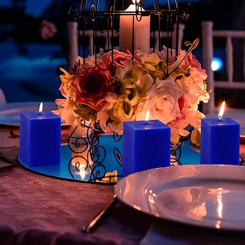 Miniatura 5 de KONNI Juego de 3 velas cuadradas clásicas de pilar azul, velas de pilar sin perfume de 2.8 x 4 pulgadas a granel, velas de 30 horas de combustión,