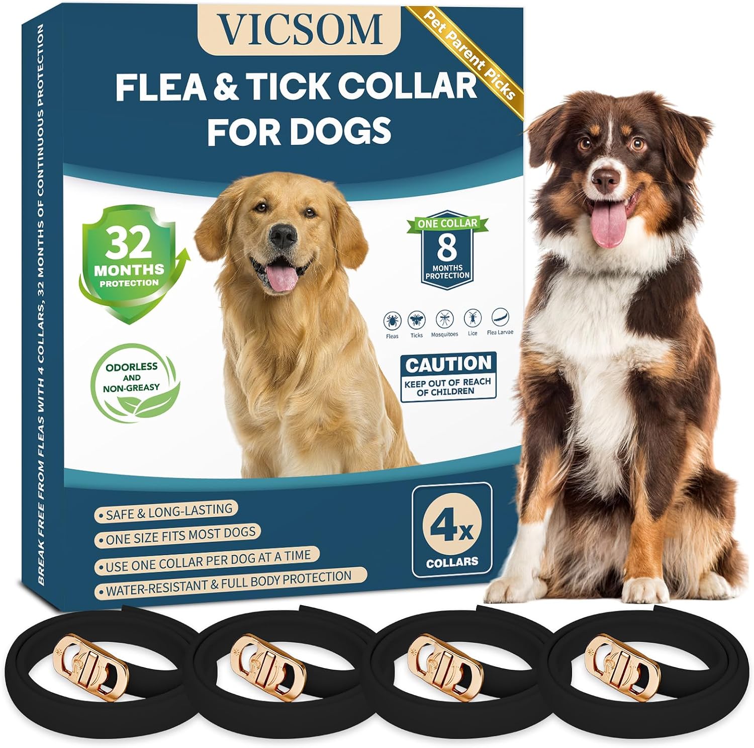 4 Pack Flea & Tick Protection for Dogs, 32-Month Waterproof Adjustable Repellent Collar, Long-Lasting Pest Prevention for Small Medium Large Breeds, Black