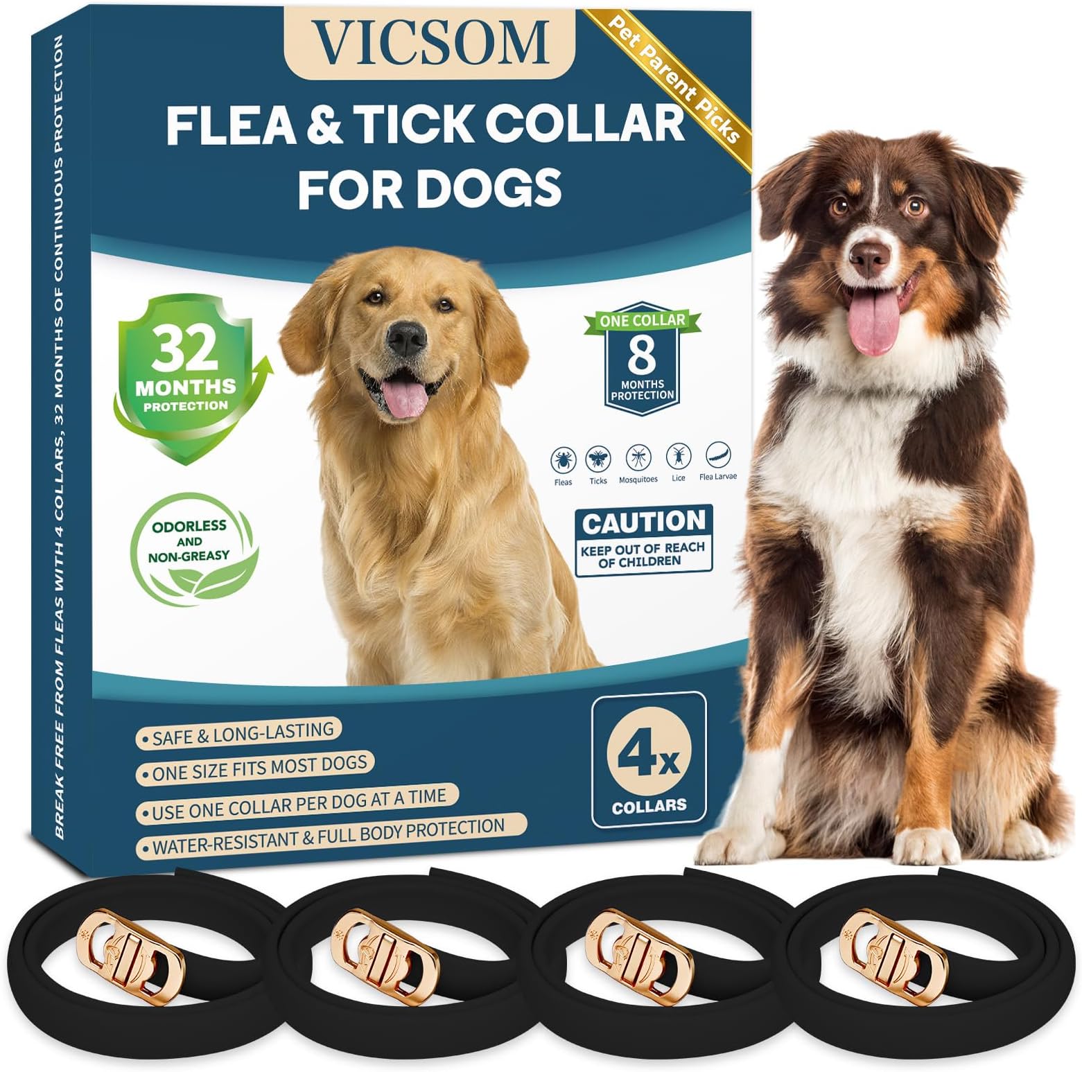 - 4 Pack Flea & Tick Protection for Dogs, 32-Month Waterproof Adjustable Repellent Collar, Long-Lasting Pest Prevention for Small Medium Large Breeds, Black