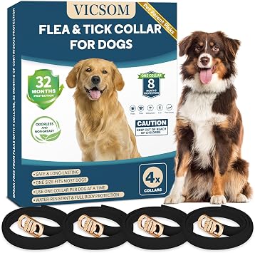 VICSOM Flea Collar for Dogs, Flea and Tick Prevention for Dogs, 4 Pack | 32 Months Dog Flea and Tick Treatment Collars, Waterproof Adjustable Collars, For Small, Medium And Large Dogs, Black