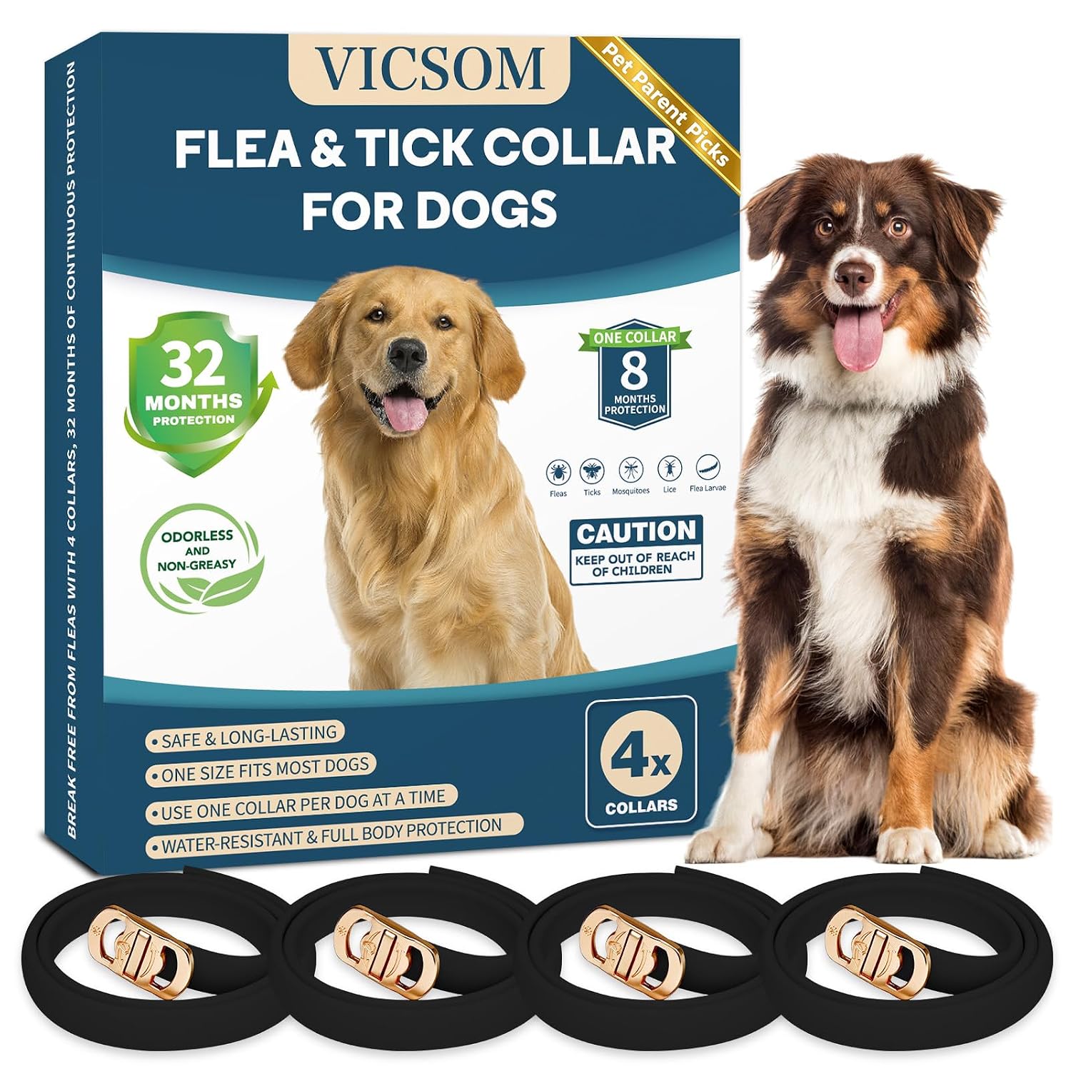 4 Pack Flea & Tick Protection for Dogs, 32-Month Waterproof Adjustable Repellent Collar, Long-Lasting Pest Prevention for Small Medium Large Breeds, Black