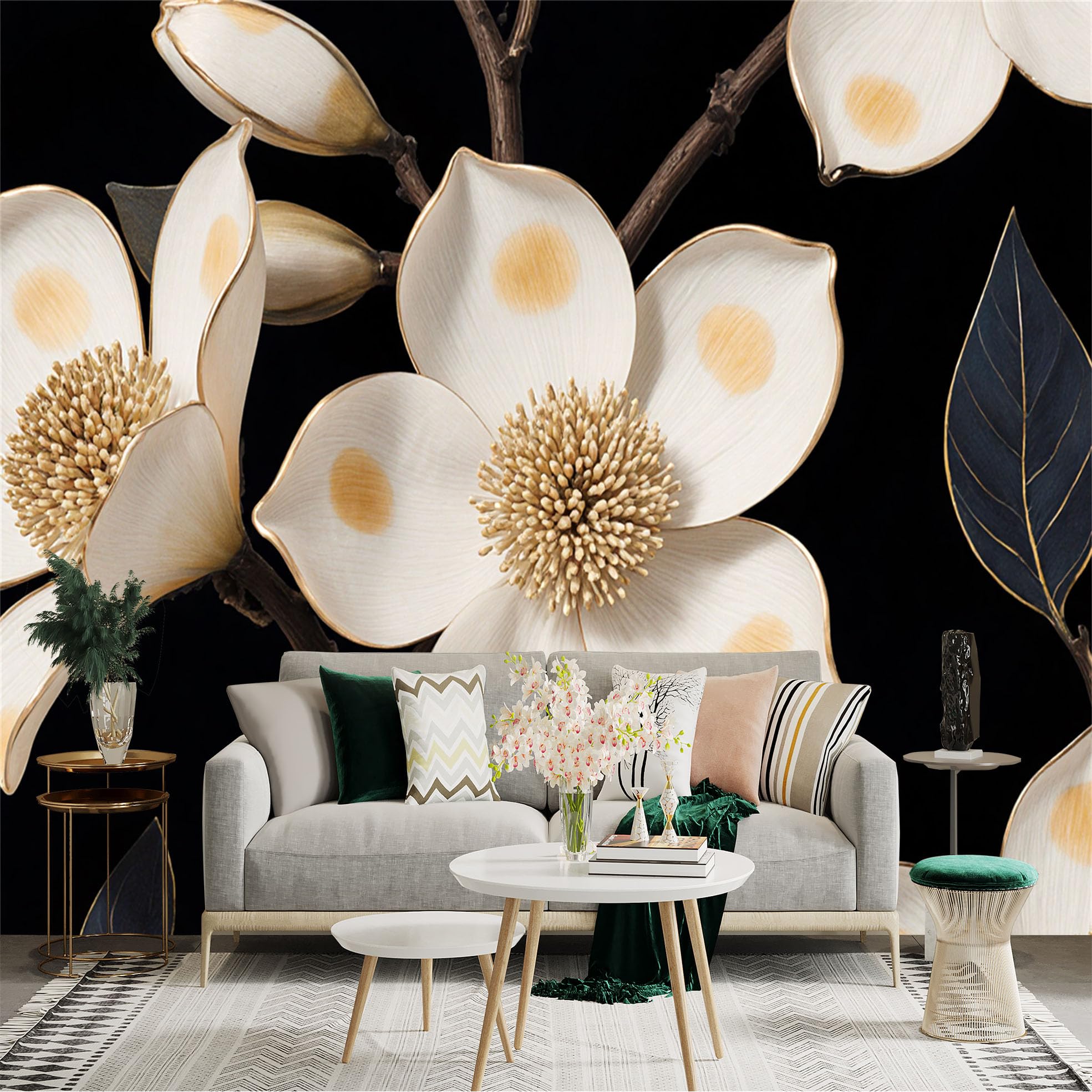 Custom Size Wall Sticker Mural， Elegant White Flowers with Golden Accents， Minimalist Botanical Art， Modern Floral Pattern， Dark Background Aesthetic， for wall Decoration， peelandstick wall Decals.