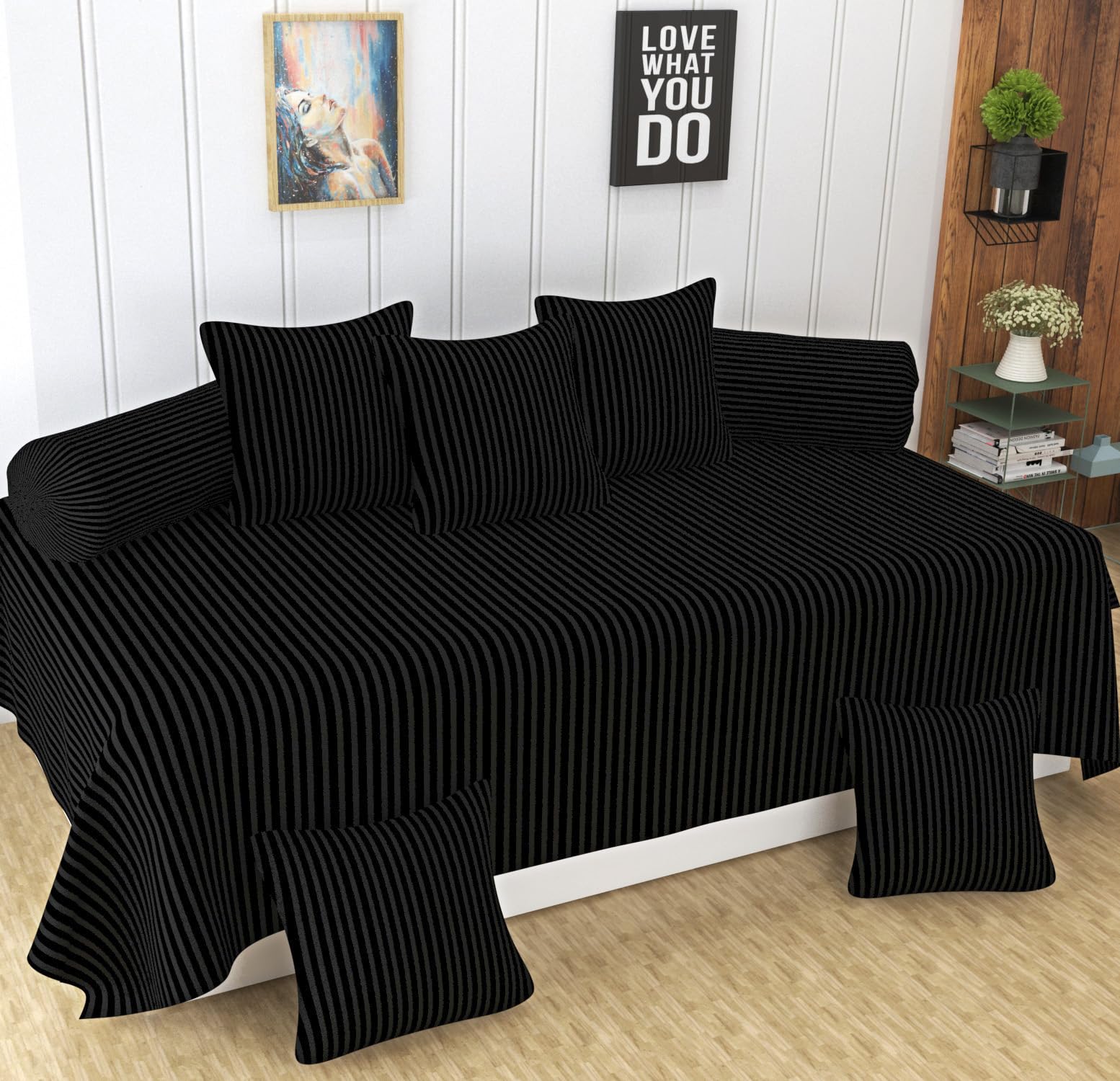 Homefab India 160 TC Stripe Glace Cotton Diwan Set - 8 Piece - Black