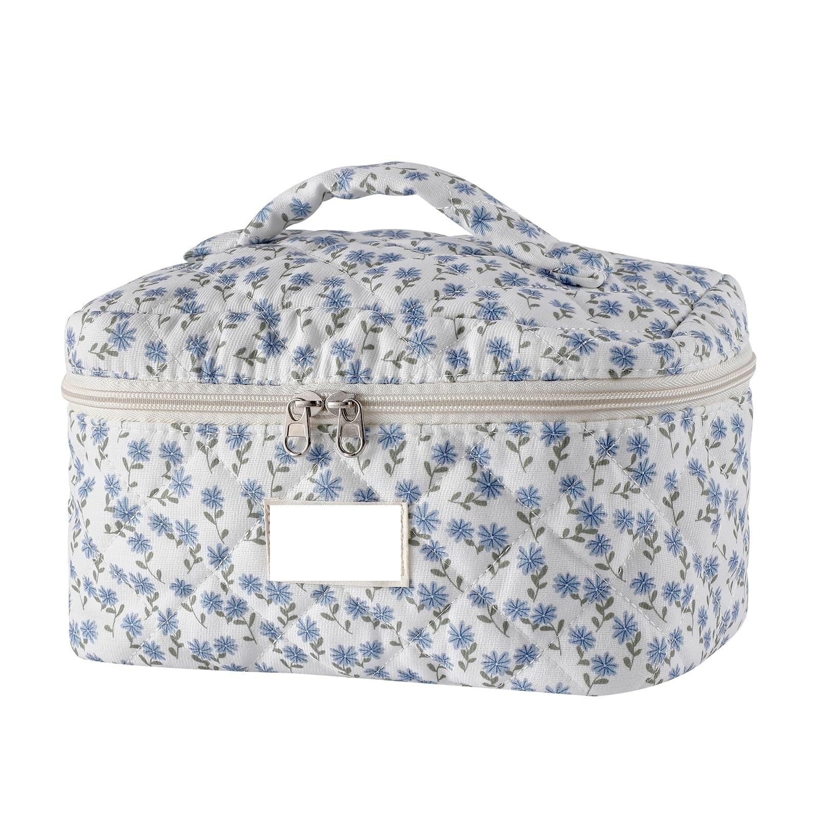Kosmetiktasche Damen Gesteppte Reise-Kosmetiktasche for Damen, Geblümte Baumwoll-Kosmetiktasche, Blumen-Kulturbeutel, Aufbewahrungstasche Kulturbeutel(Blue)
