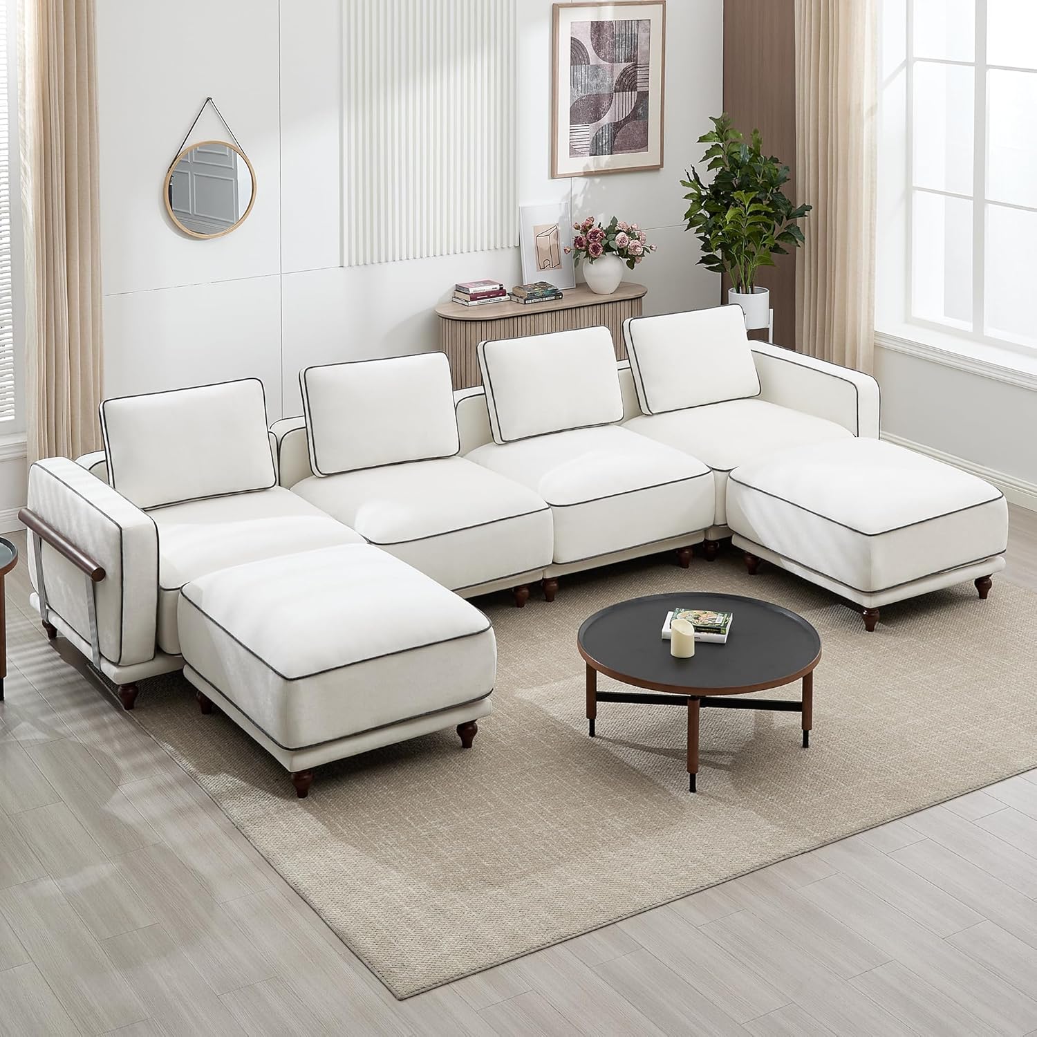 146" Modular Sectional U Shaped Couch with 2 Movable Ottoman, Oversized 4-Seater Cloud Sofa for Living Room, Comfy Deep Seat Couches with Thicked Cushion and Metal Armrests, Chenille White
