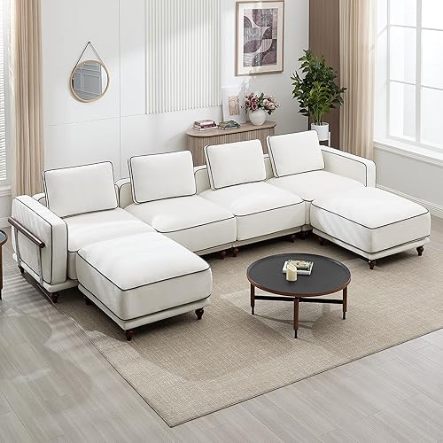 Miniatura 9 de Sofá modular en forma de L de 112 pulgadas con otomana móvil, sofá de nube de 3 plazas con 1 otomana para sala de estar, cómodos sofás de asiento