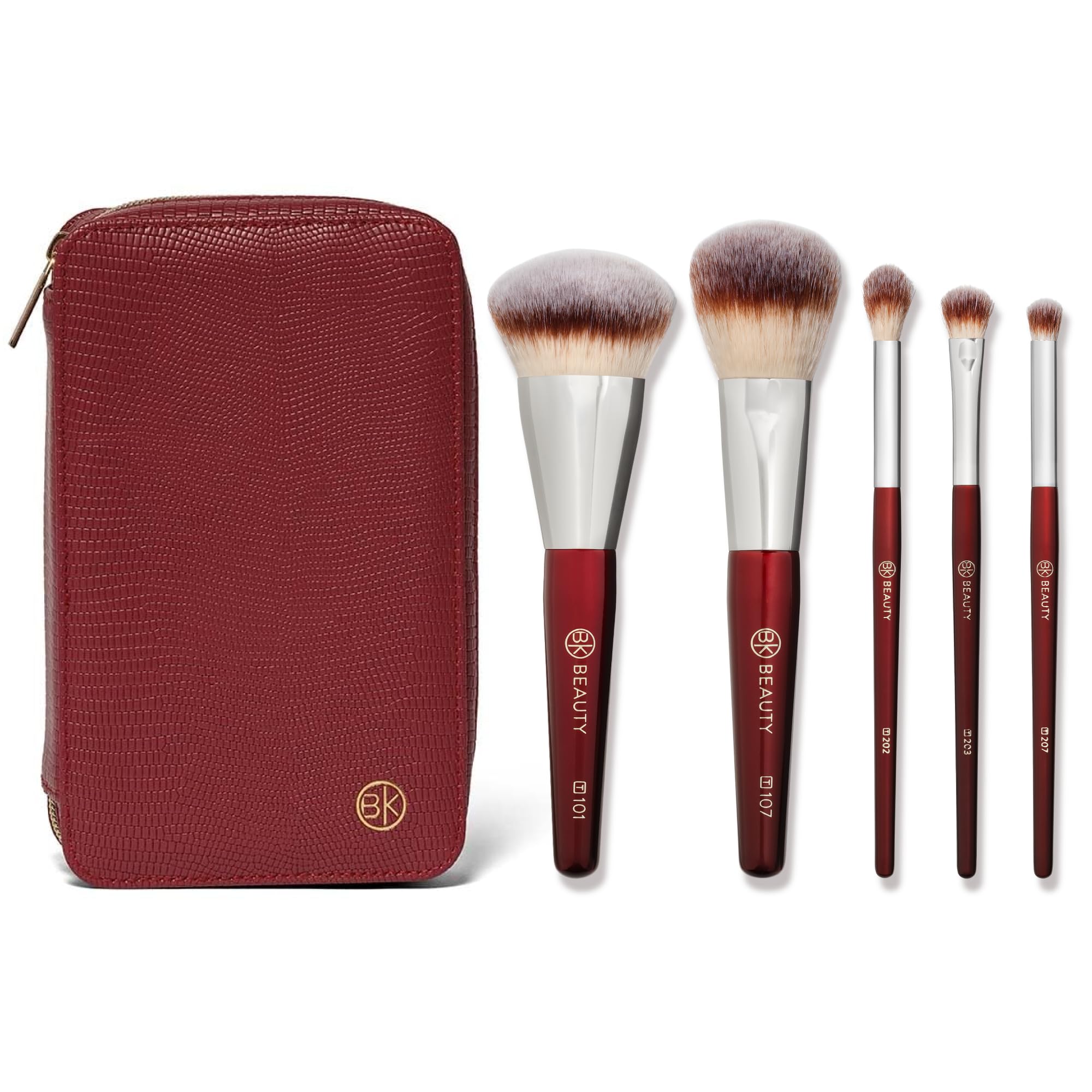 Photo 1 of BK BEAUTY Travel Brush Set with Pouch 5-Piece Vegan, Cruelty-Free Brushes for Face & Eyes | Lightweight, Durable Makeup Brushes in Vegan Leather Pouch Perfect Travel-Size Makeup Brush Set